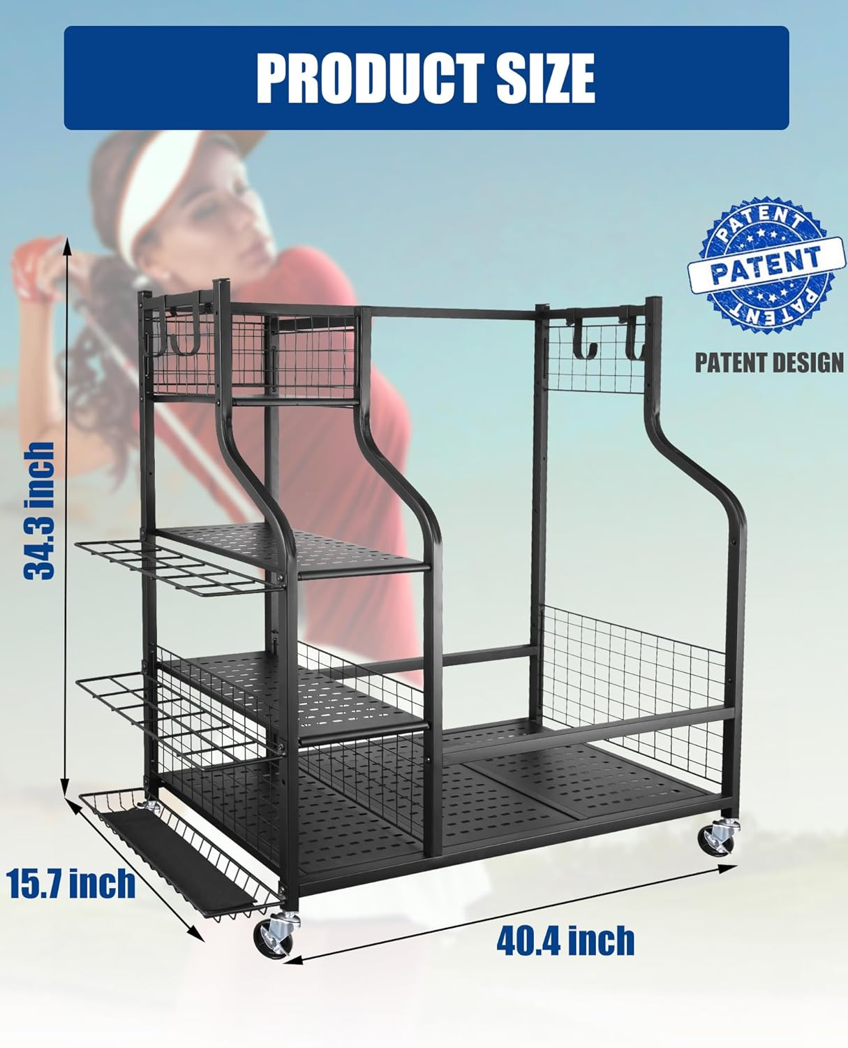 Mythinglogic Golf Storage Garage Organizer,Golf Bag Storage Stand and Other Golfing Equipment Rack & 4 Removable Hooks, Extra Large Design for Golf Clubs Accessories image number 1