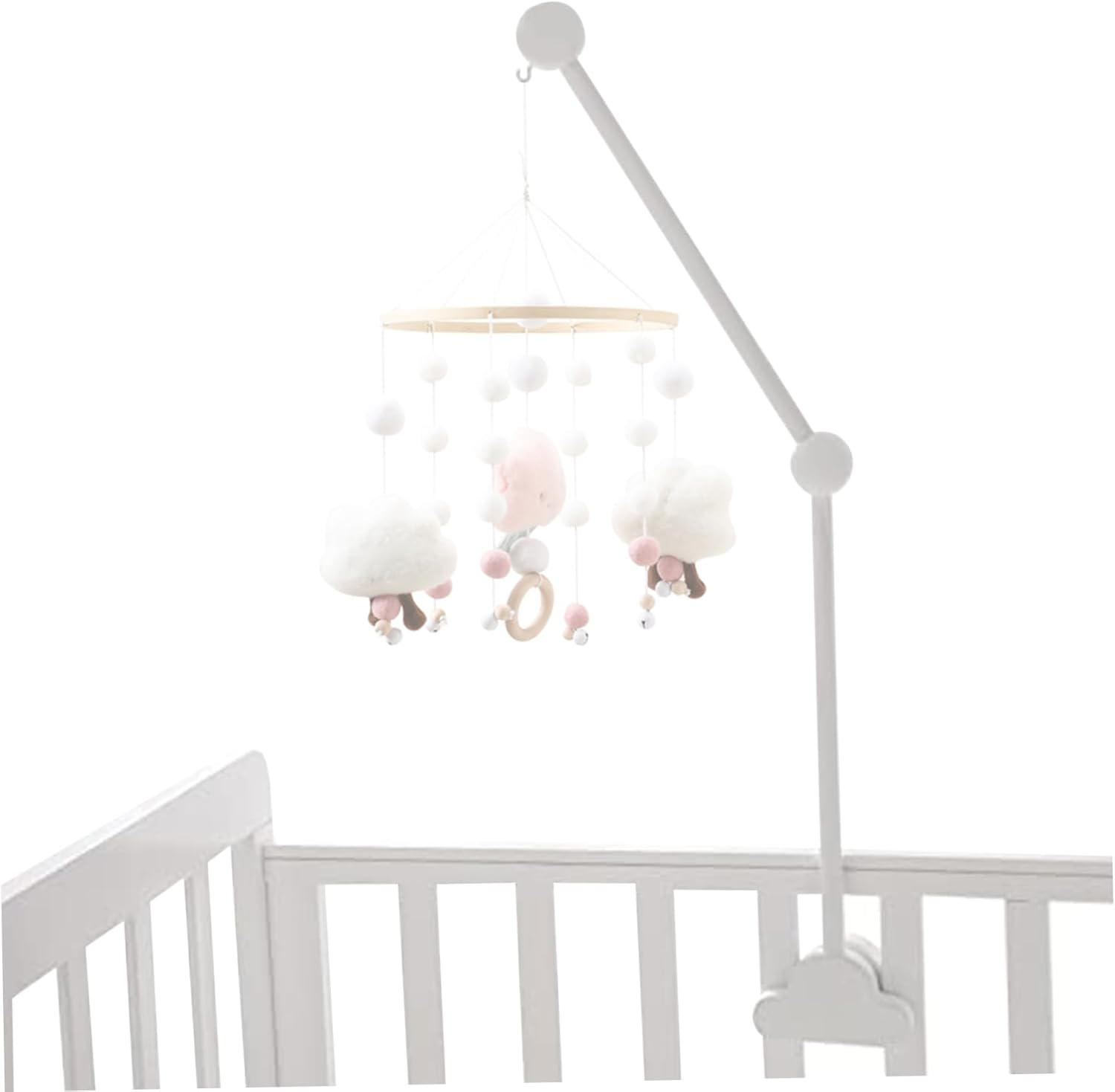 Cot Mobile Arm 27.17Inch Wooden Cloud Design Mobile Arm for Crib Detachable Baby Mobile Hanger Height Adjustable Cute Crib Mobile Arm for Bed Bell Wind Chimes