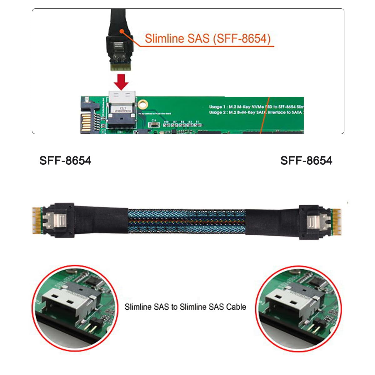 NFHK PCI-E Slimline SAS 4.0 SFF-8654 4I 38Pin Host to SFF-8654 Slim SAS Target Cable 40Cm image number 2