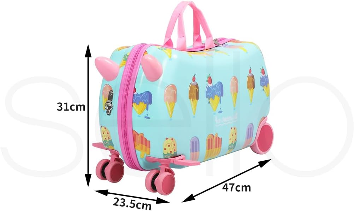 Bopeep Kids Ride-On Suitcase Scooter Children 2-In-1 Travel Rolling Luggage Organizer Carry-On Bag Trolley, W/Spinner Wheels, Shoulder Strap, for Kids Toddlers, Waterproof Shell(Ice Cream Pattern) image number 4