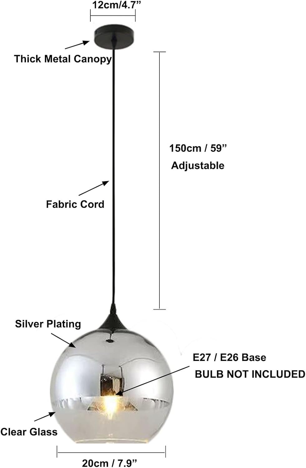 DGY-1004 Wooden Plated Glass Ball Lampshade Modern Simple Ceiling Light Pendant Lamp Kitchen Island Dining Room Bedroom Chandelier (Silver, 20 Cm) image number 4