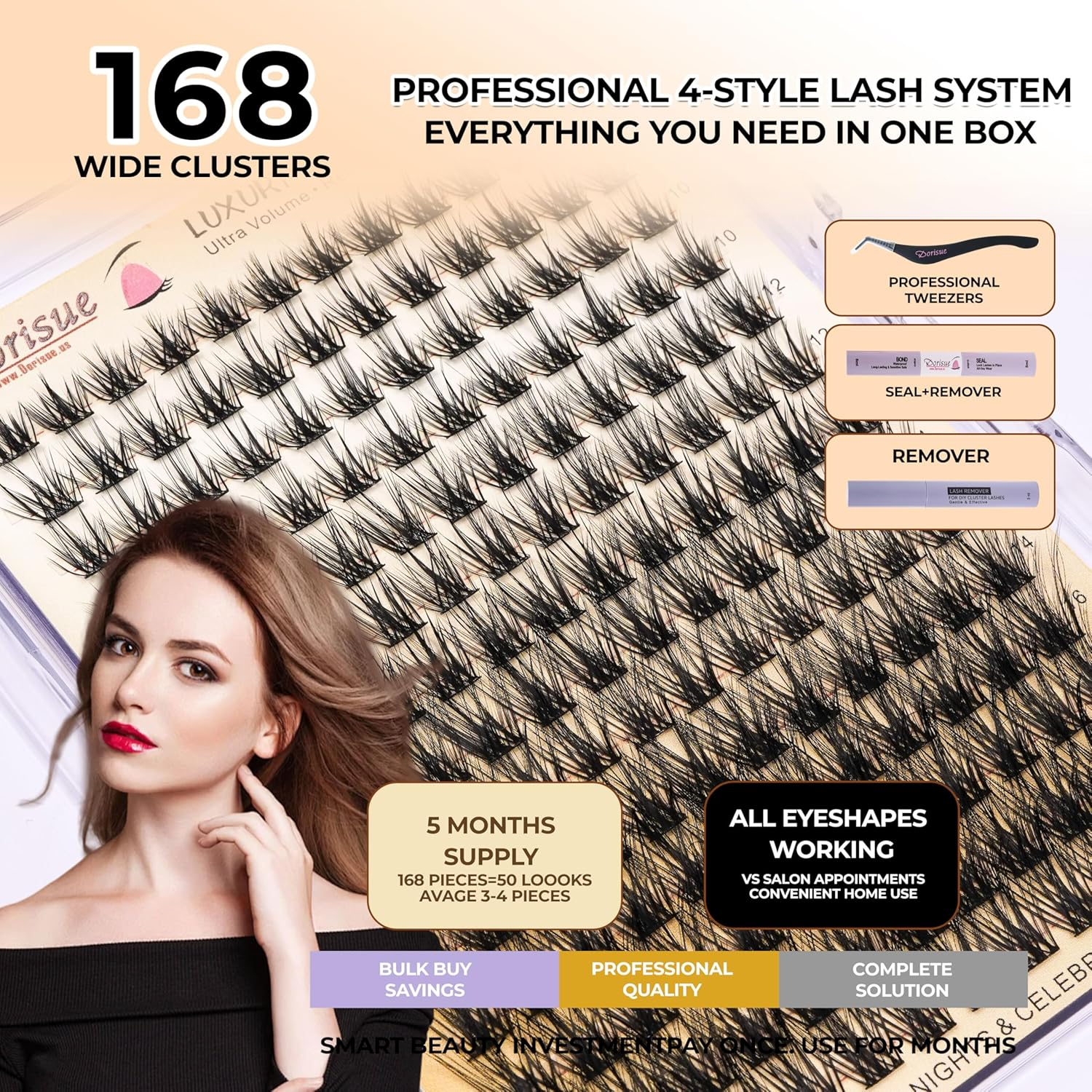 Dorisue Dramatic Volume Cluster Lashes 168PCS - Theater Grade High Impact Kit with Reinforced Bond Technology, Christmas Party New Year, Professional Tools with Premium Tweezers Bond Seal Remover image number 3