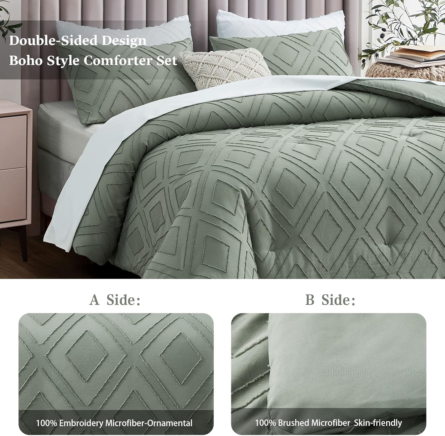 Boho Queen Comforter Set,Sage Green Rhombus Tufted Queen Size Comforter Set with Corner Loops,3 Pieces Embroidery Shabby Chic Bedding Comforter Sets for All Seasons(Sage Green,Queen)