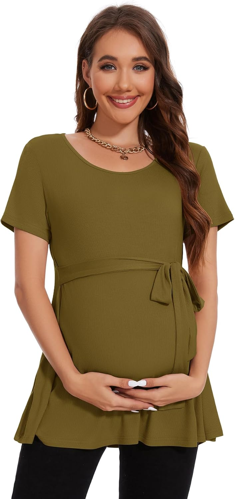 Smallshow Women'S Maternity Shirts Tie Front Short Sleeve Pregnancy Tops Clothes image number 4