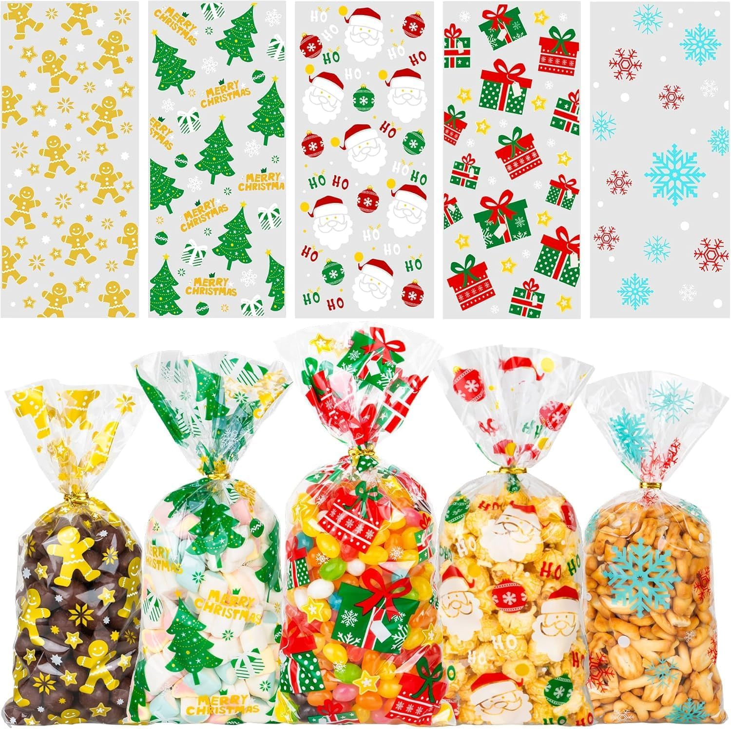 Xmas Candy Bags with Twist Tie, 10 Styles Christmas Cellophane Candy Bags, 100 Pcs Twist Ties for Cookie Goodies Gift Present Wrap Xmas Party Favor Supplies 5 Styles