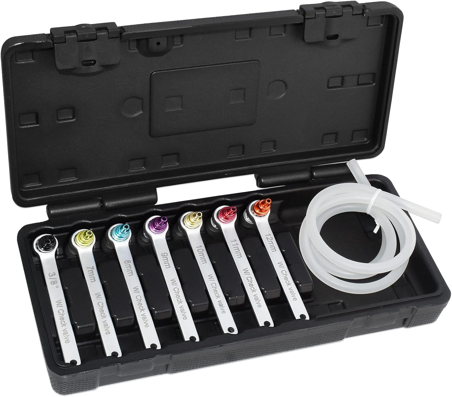 FIRSTINFO F35232 Patented Brake Bleeder Wrench Set 7-12Mm & 3/8-Inch 6 Point Socket Brake Bleeding Wrench Built-In One-Way Check Valve with Oil Drain Hose