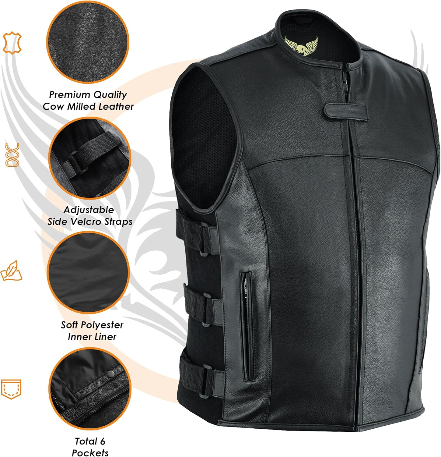 Leatherick Men'S Collarless Tactical Style Leather Warrior Motorcycle Waistcoat Black with Gun Pockets image number 2