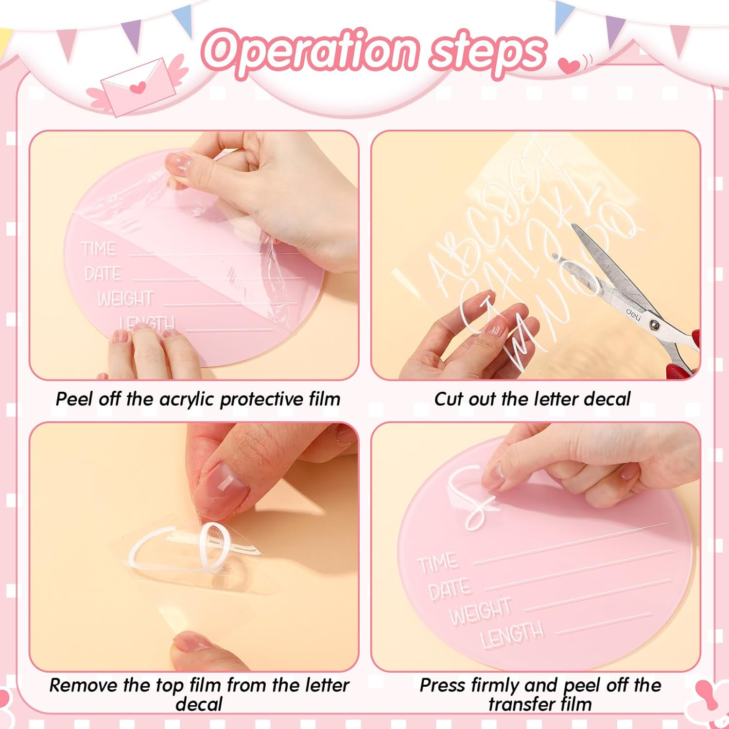 Geelin 2 Pcs 6 Inch Pink Newborn Announcement Sign for Hospital Acrylic Birth Announcement Sign Baby Name Milestone Plaques DIY with 14 Sheets Alphabet Transfer Stickers for Photo Props Baby Shower