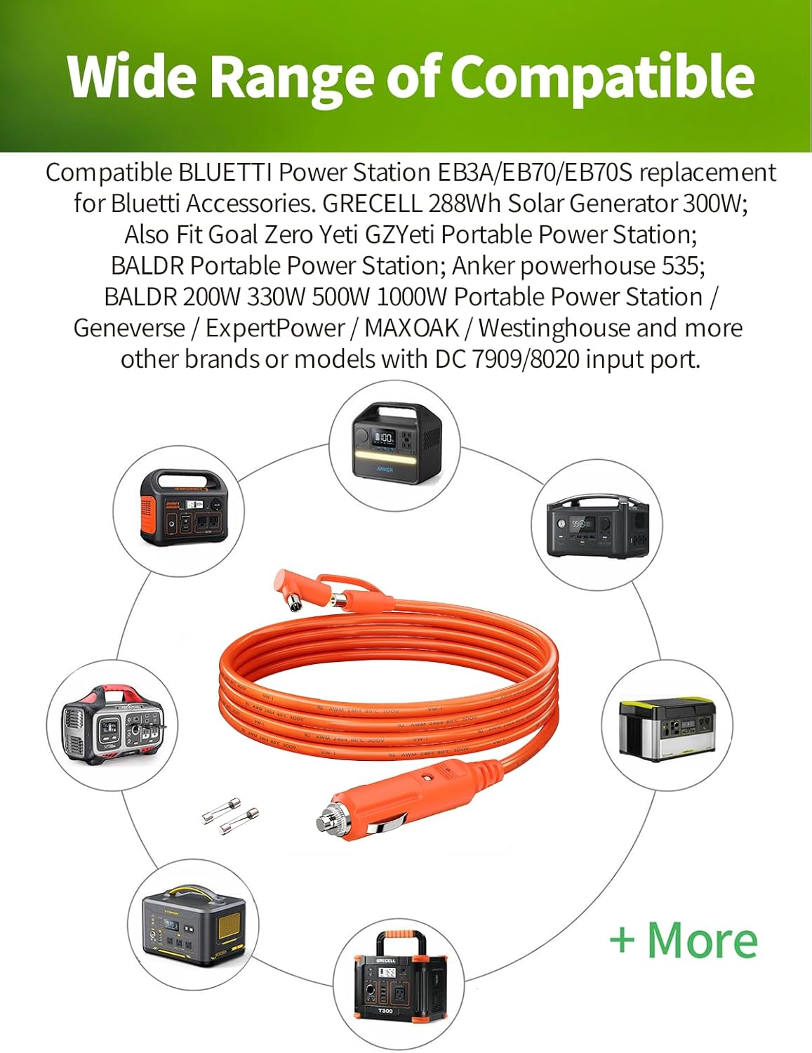 12V/24V Car Charger 14AWG, 6.6Ft 15A DC 8.0Mm Car Cigarette Lighter Charging Cable with DC7909 + DC8020 Plug Compatible with Jackery, Anker, GRECELL, GZ Yeti, Westinghouse Power Station image number 6