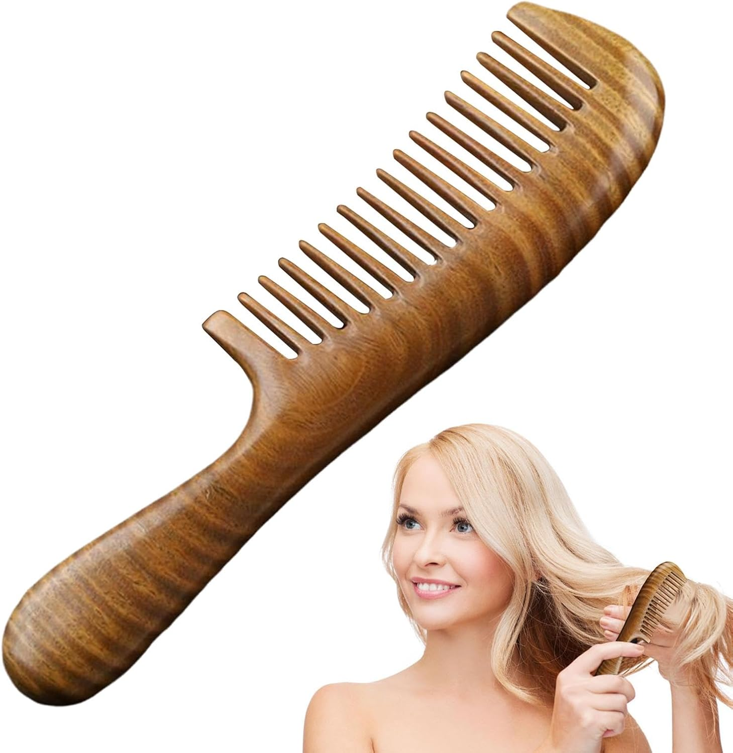 Wooden Comb, Walnut Wood Hair Comb, Sandalwood Detangling Comb, Hair Styling Tools, Scalp Massager Comb, Curly Hair Detangler, Wavy Hair Comb, Long Hair Styling Tools, Natural Wood Hair Accessories image number 1