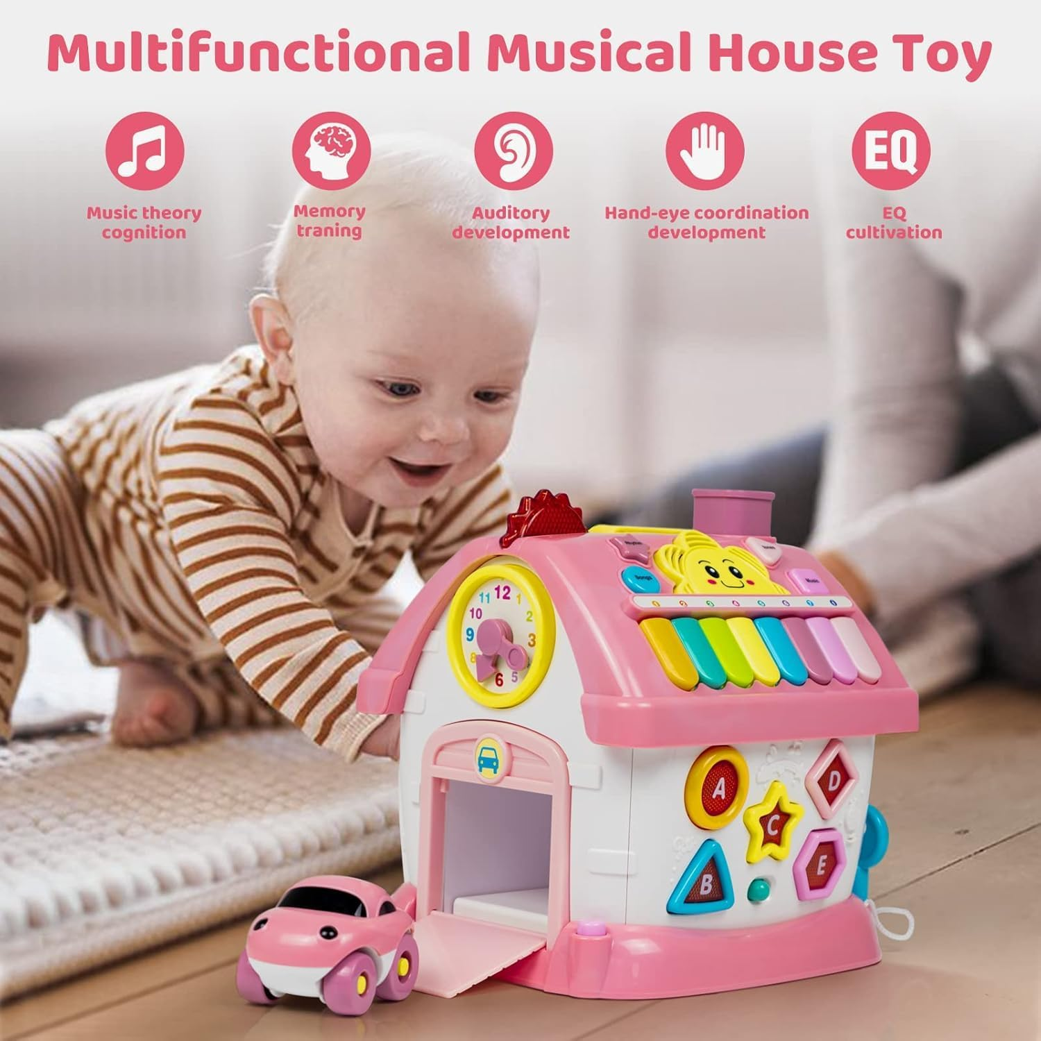 SORFURBOW Montessori Toys for 1+ Year Old Girl - Toddler Toys Age 1-2, 8-In-1 Toys with Sound/Lights/Music/Clock/Telephone/Car,Smart Learning Home Easter Basket Stuffers image number 6
