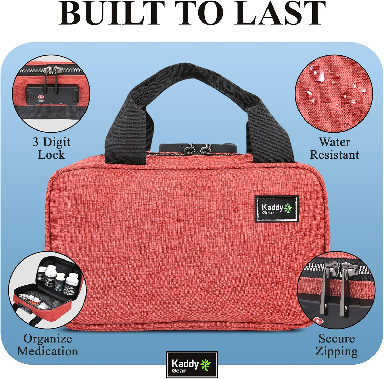 Kaddy Secure Pill Organizer, Medicine, Supplements or Toiletry, Travel or Home, TSA Approved Lock (Red) image number 1