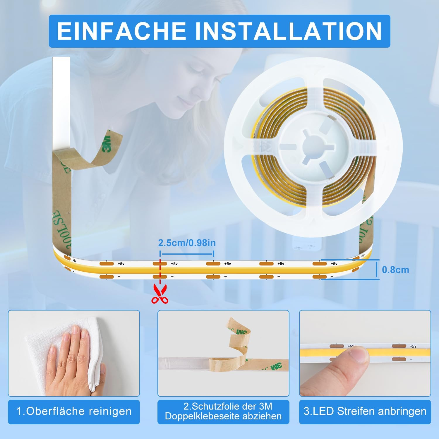 LED Light Strip with Motion Sensor Indoor Battery, 2 M 640 Leds LED Strip with Rechargeable Battery, Cabinet Light with 2 Modes, for Wardrobes, Stairs, Bedroom, Hallways (Cool White, Pack of 1) image number 6