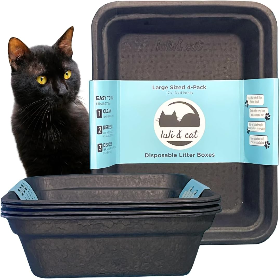 Luli & Cat Disposable Litter Boxes for Cats | Large Sized Black Colored 4-Pack | Durable and Water Resistant
