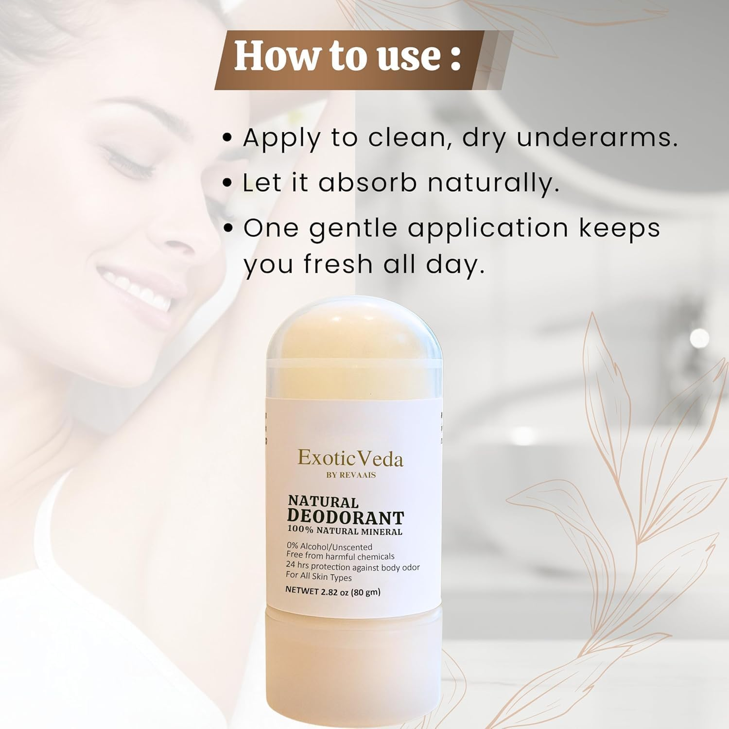 100% Natural Alum Roll on Deodorant, Unscented, Alcohol-Free, Chemical-Free, 24-Hour Odor Protection, for All Skin Types, 2.82 Oz (80G) (Natural) image number 1