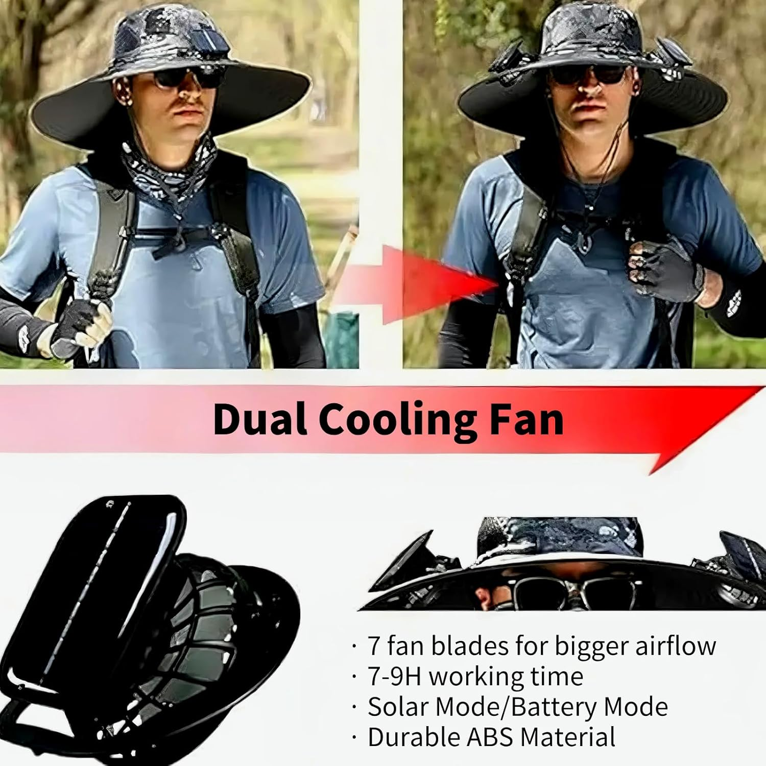Solar Fan Hat, Outdoor Wide Brim Sun Hat with Dual Cooling Fans UPF50+ Sun Protection 3-Speed Adjustable Airflow, Solar & USB Charging for Fishing, Camping - Black image number 6