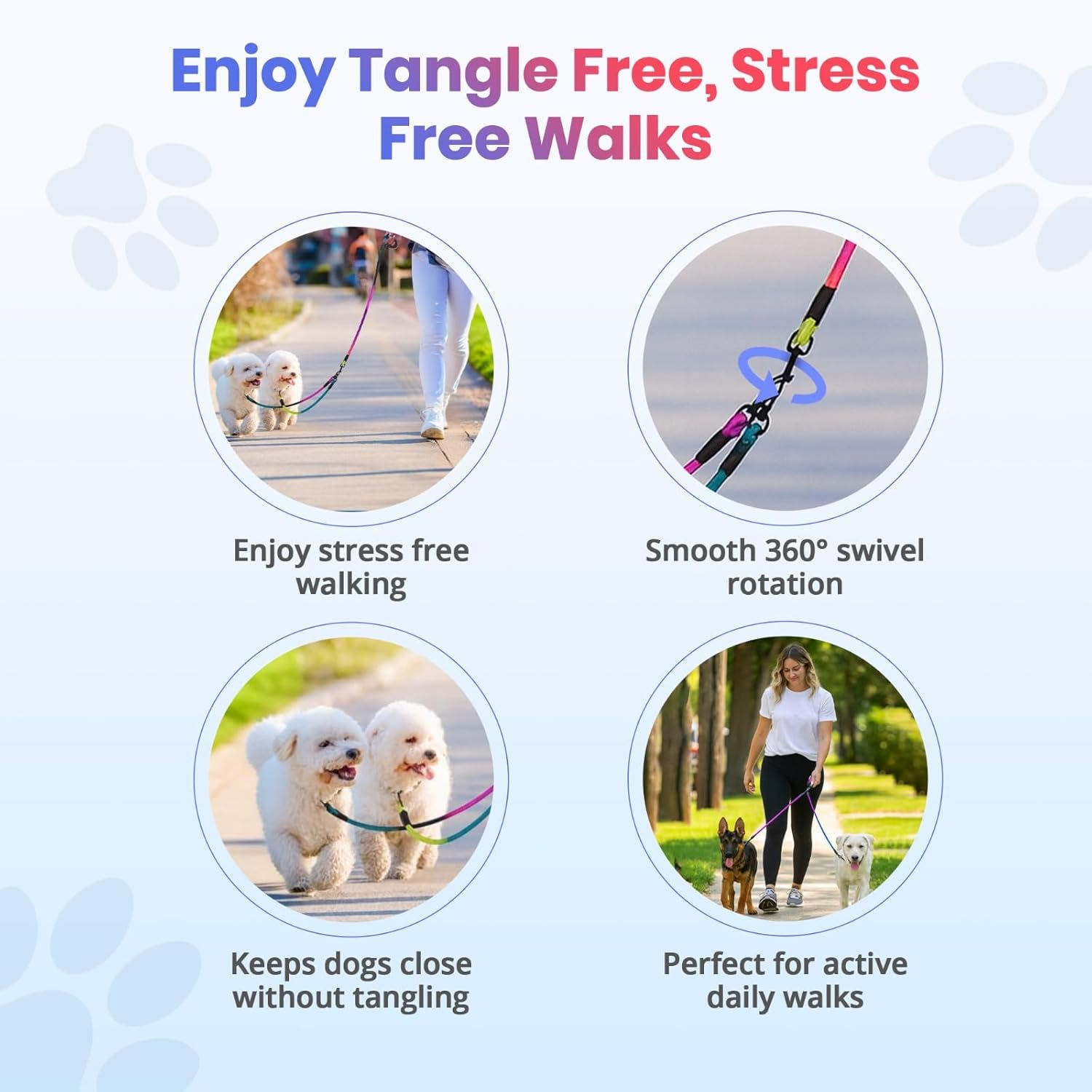 Double Dog Leash for Two Dogs,360 Swivel No Tangle Walking Leash, Dual Dog Leash for Large Medium Small Dogs image number 2