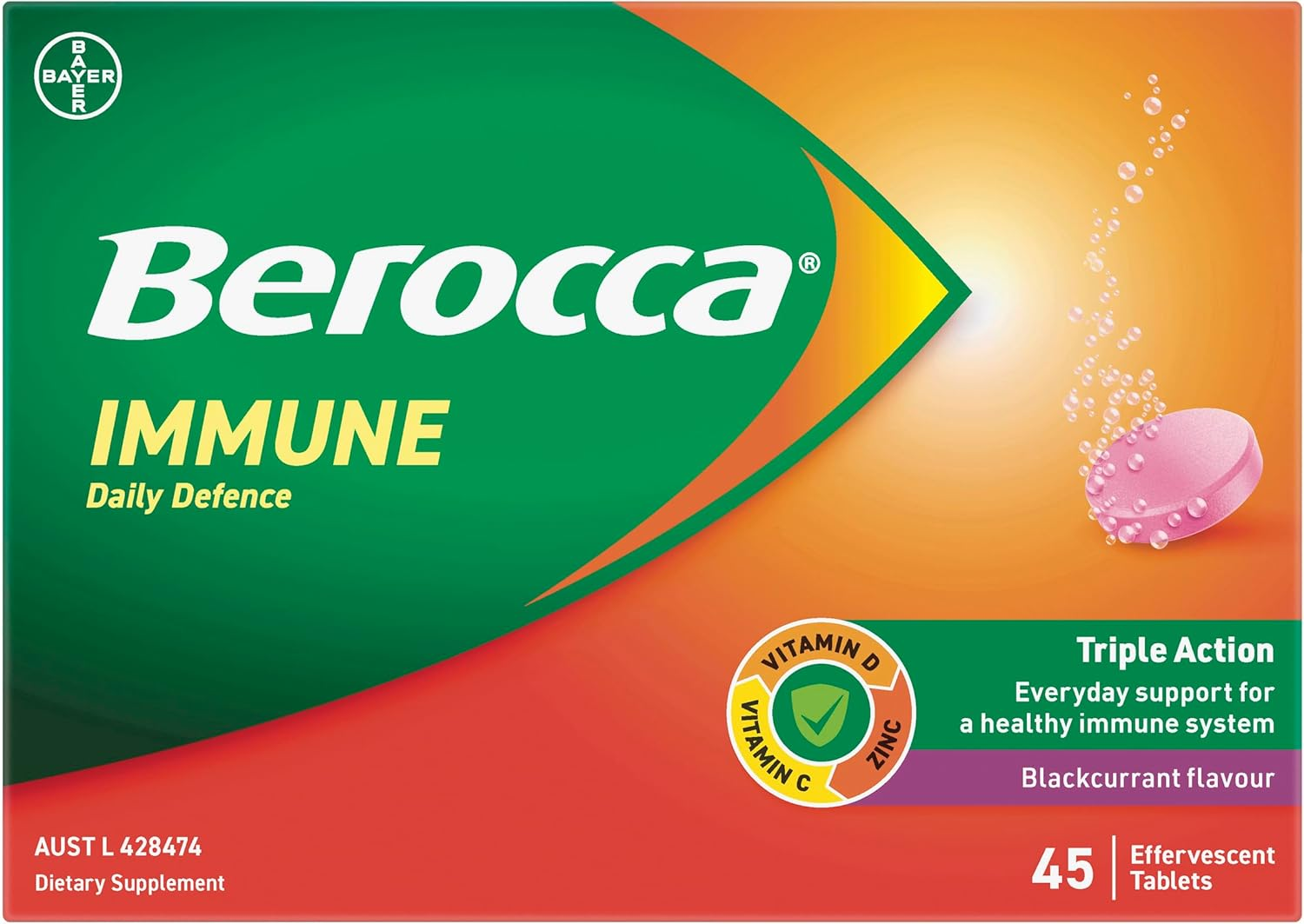Berocca Immune Daily Defence Vitamin C, D and Zinc, Blackcurrant Flavoured Effervescent Tablets 45 Pack image number 1
