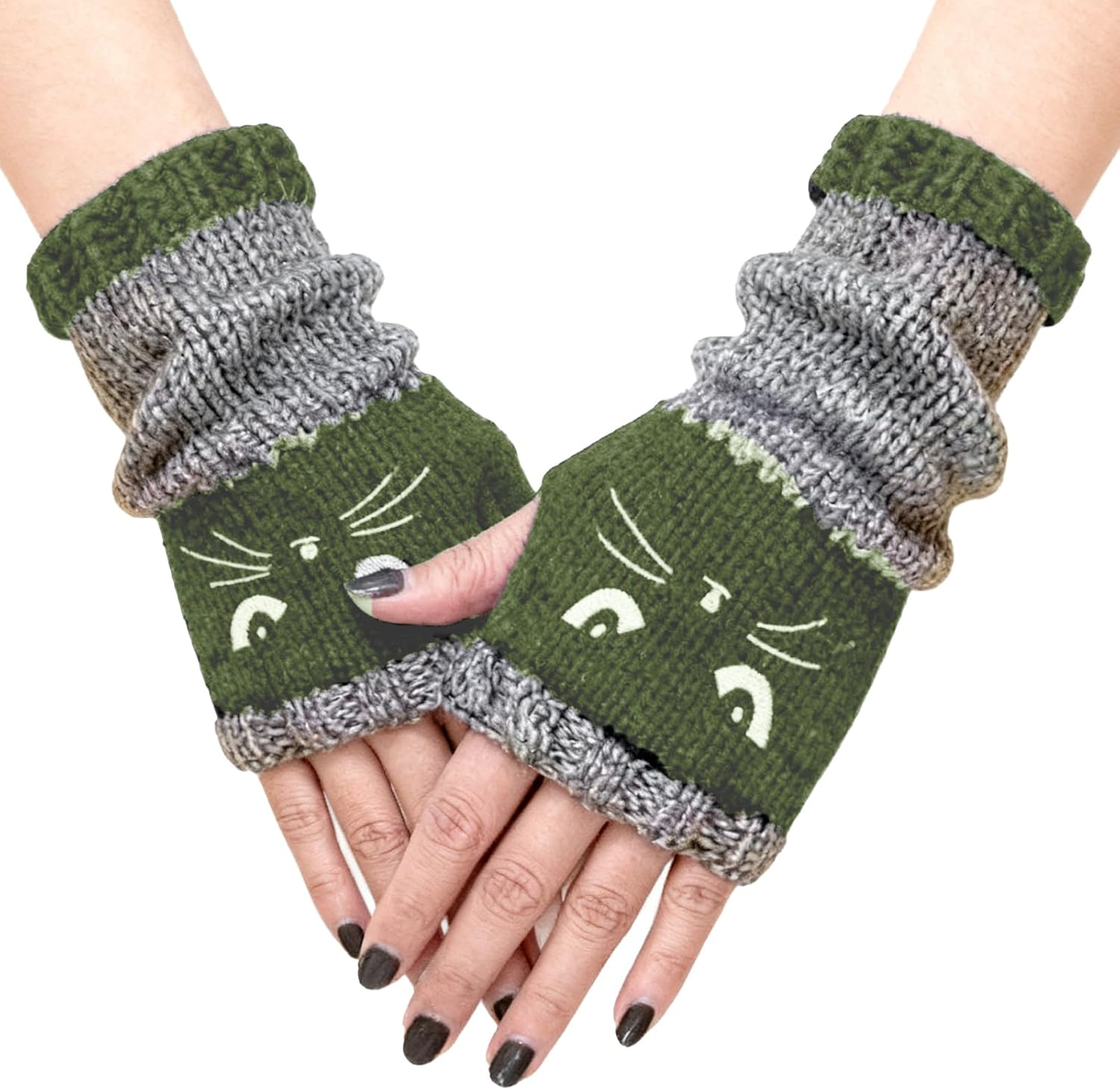 Cat Embroidery Patchworks Knitted Gloves, Cat Embroidery Outdoor Warming Supplies,Fashionable Fingerless Casual Women'S Gloves for Cats Lovers Women Girls Ladies - Black image number 6