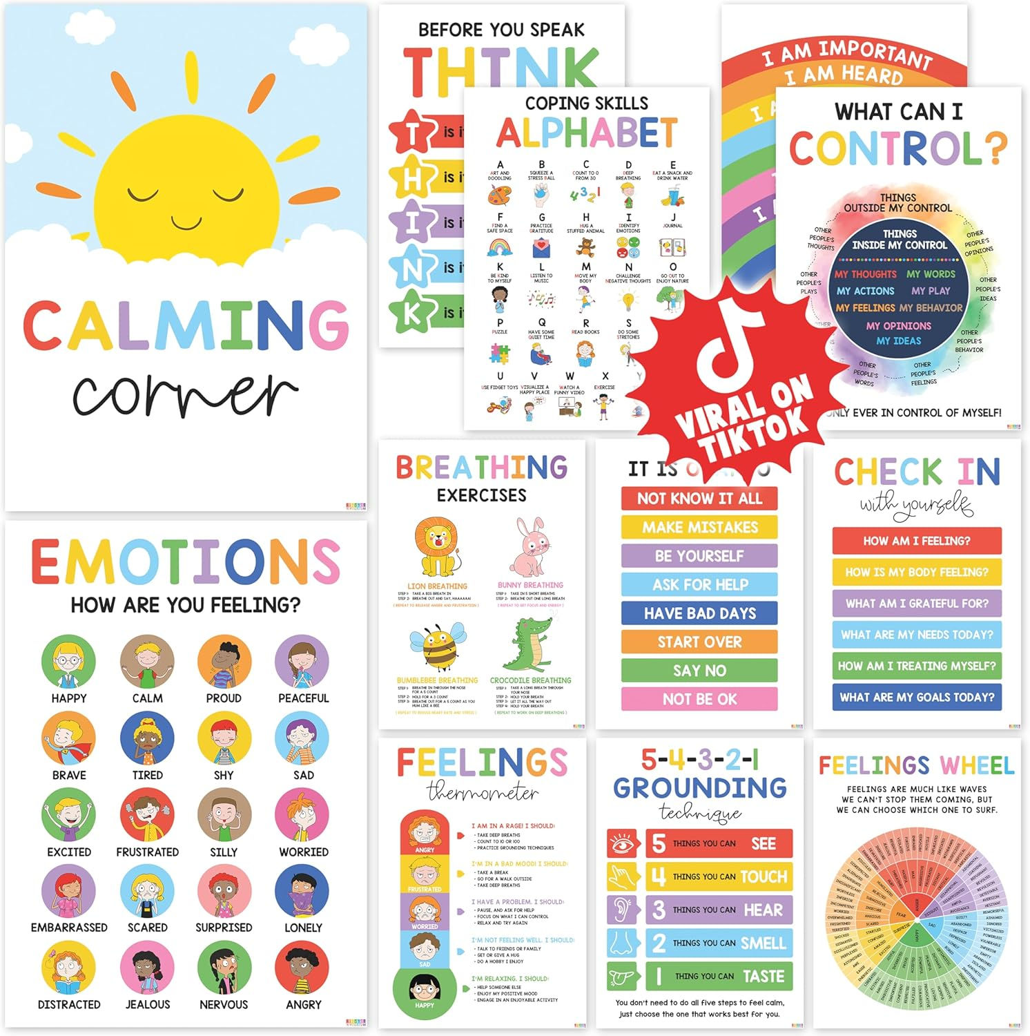 BEAWART 12 Calming Corner Classroom Posters (10X14) - Feelings Wheel Chart & Emotions Poster for Kids, Calm down Corner Supplies for Therapy Office Decor, Mental Health Wall Decorations for Preschool image number 2