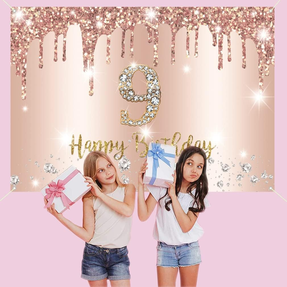 Tecreo Happy 9Th Birthday Decorations Backdrop Banner for Girls, Rosegold Fabric Sign Poster, 59"X35.4", Pink, Vinyl, No Rope Included image number 4
