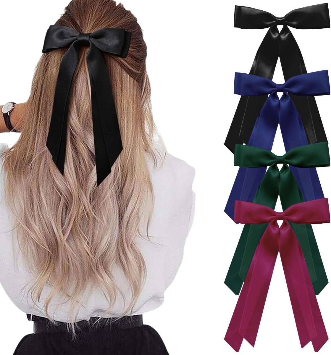 ZANZER 4PCS Silky Satin Hair Bows Hair Clip Beige Pink Hair Ribbon Ponytail Holder Accessories Slides Metal Clips Hair Bow for Women Girls Toddlers Teens Kids