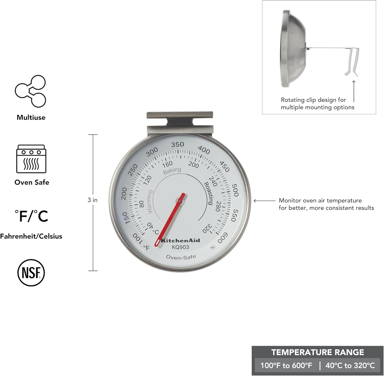 Kitchenaid KQ903 3-In Analog Dial Oven/Appliance Thermometer, Oven Food Grill Chef Smoker Cooking Thermometer, Temperature Range: 100F to 600F, Stainless Steel image number 6