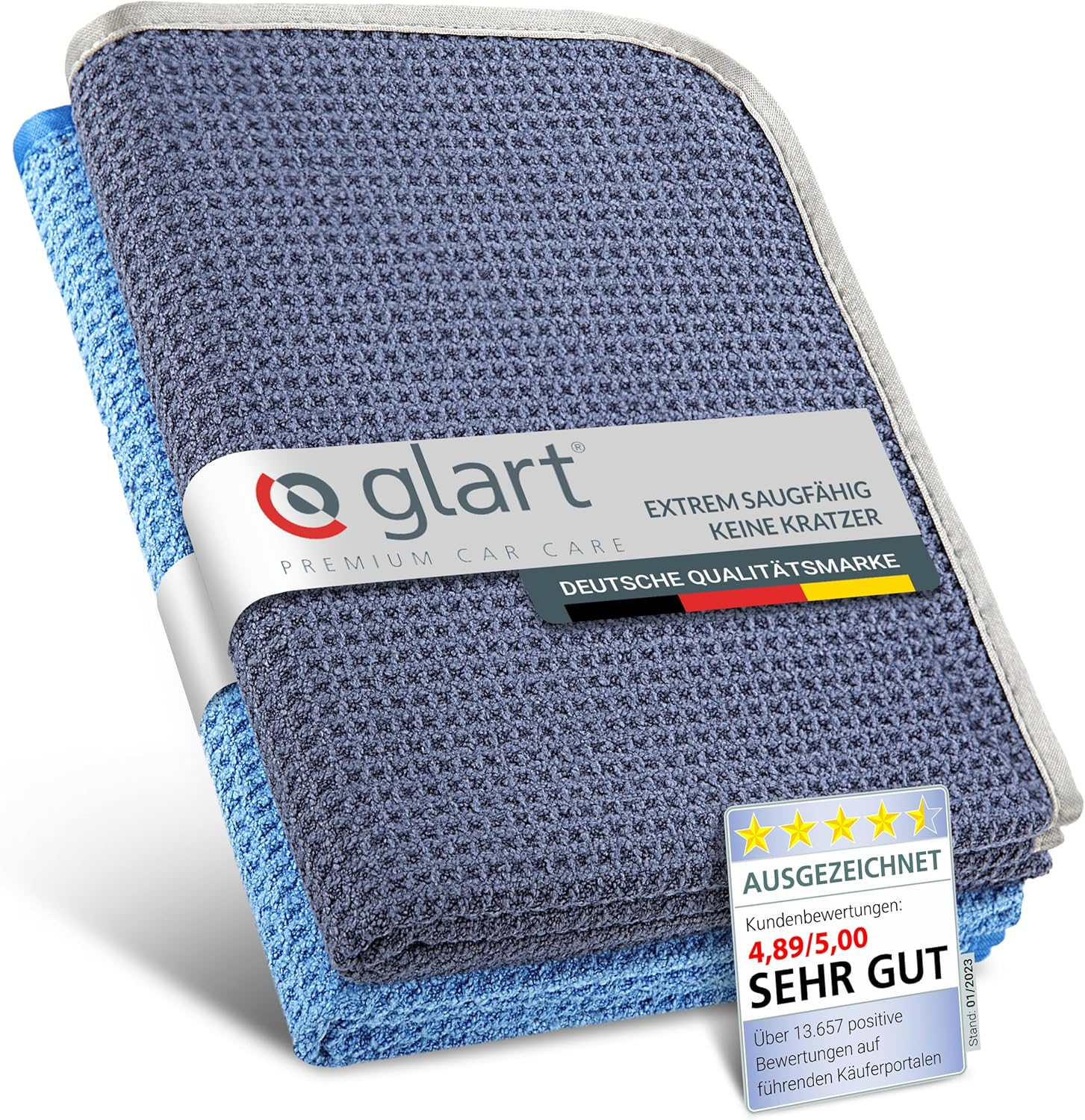 Glart 47TB Set of 2 Car Microfibre Cloths Drying Cloths for Car Care, Car Paint, Motorcycle, Kitchen, Dishes - Waffle - 70 X 40 Cm Blue, Microfibre Cloths Also for Window Cleaners
