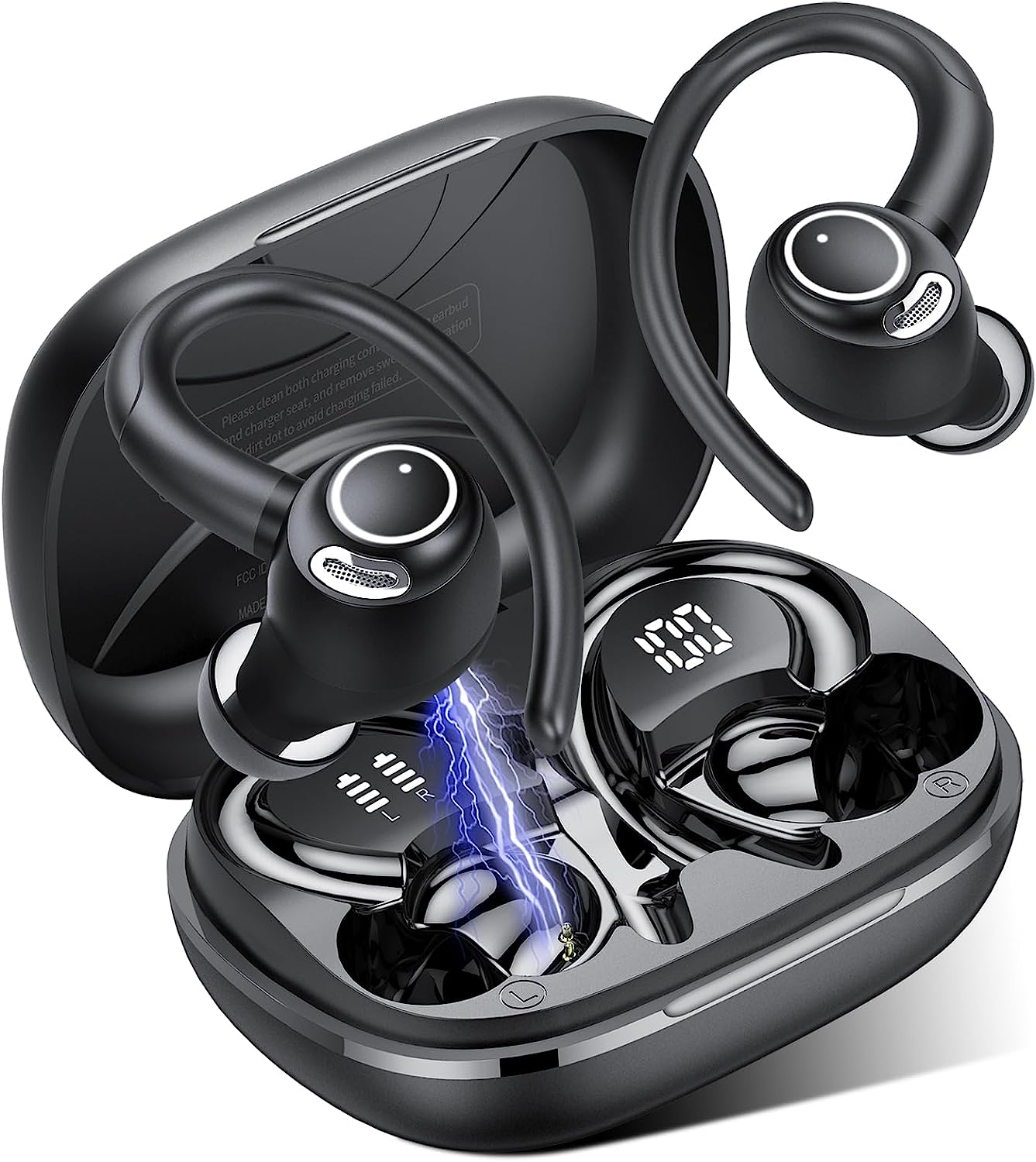 Bluetooth Sports Headphones, In-Ear Headphones, Wireless Bluetooth 5.3 with HD Mic, Outstanding Sound, 40 Hours Playtime, Comfort Fit, Dual LED Display, IP7 Waterproof Earphones with Ear Hooks, Black image number 4