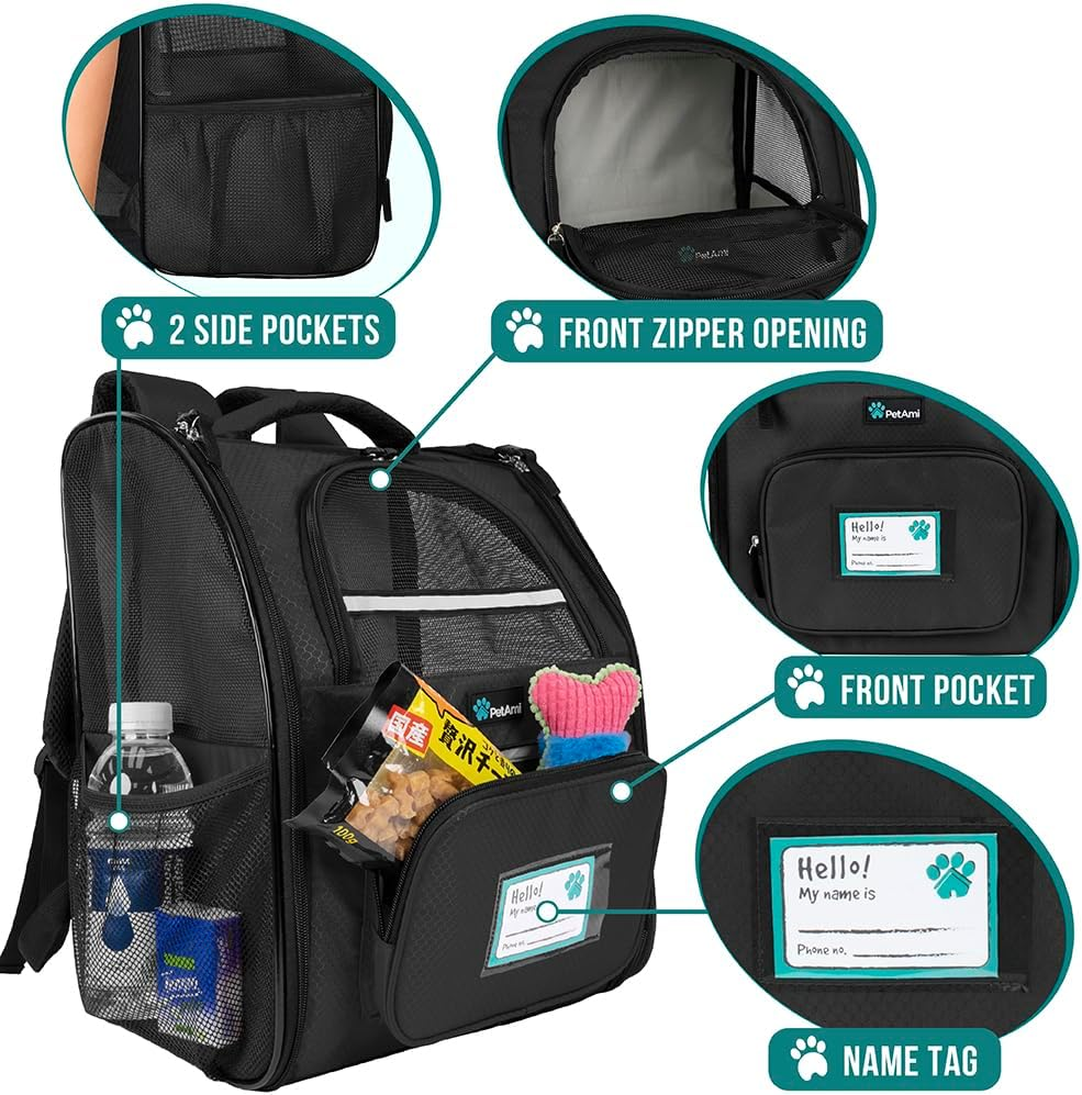 Petami Deluxe Pet Carrier Backpack for Small Cats and Dogs, Puppies | Ventilated Design, Two-Sided Entry, Safety Features and Cushion Back Support | for Travel, Hiking, Outdoor Use (Black) - Black image number 4