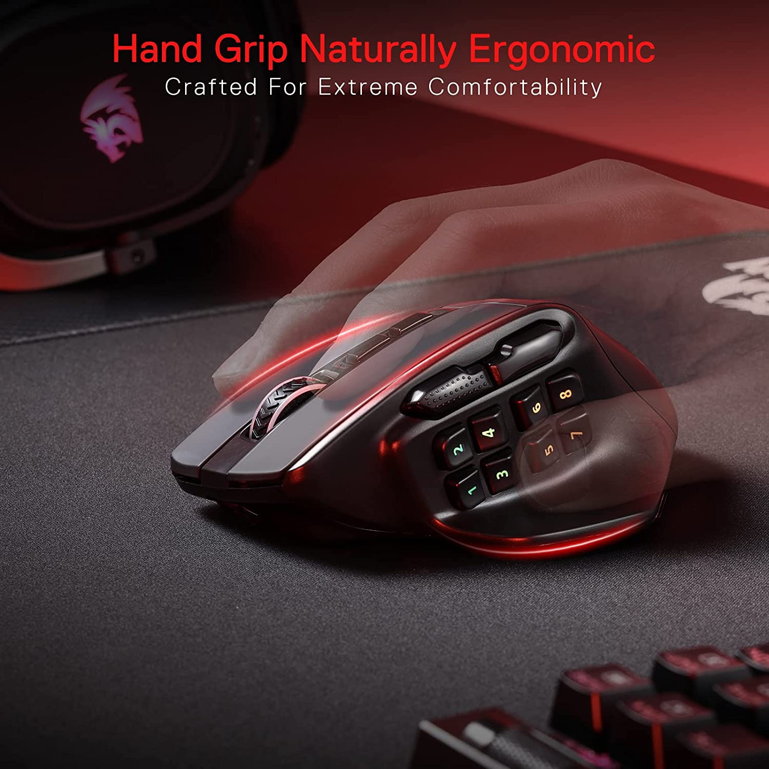 Redragon M811 PRO Wireless MMO Gaming Mouse, 15 Programmable Buttons RGB Gamer Mouse W/Ergonomic Natural Grip Build, 10 Side Macro Keys, Software Supports DIY Keybinds & Backlit image number 1