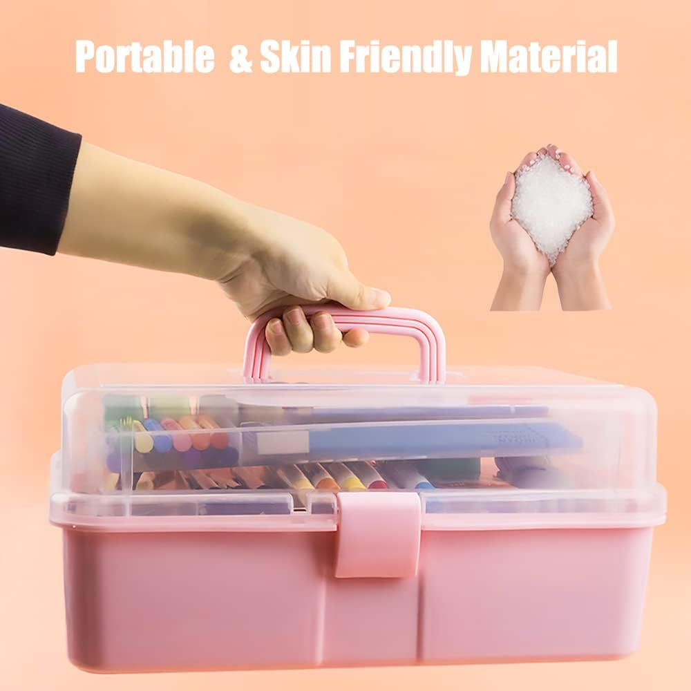 FOREVERIE 3-Tier Empty Luggage Cosmetic Case Large, Transparent Portable Makeup Storage Box, Multifunctional 3-Layer Plastic Tool Box for Barber, Cook, Baker, Nail Artist, Beauty Practitioners (Pink) - Pink image number 5