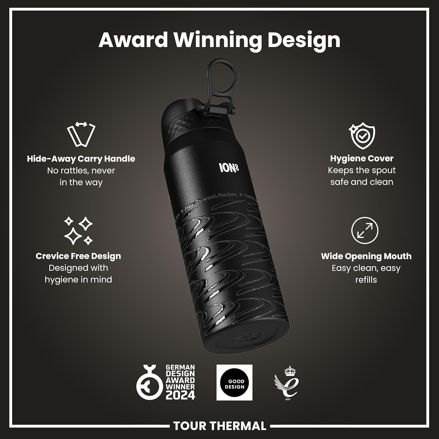 ION8 Thermal Water Bottle 750 Ml/24 Oz Leak-Proof & BPA Free Insulated Drinking Bottle, Triple Lock Lid to Prevent Spills, Vacuum Insulated Themoshield Stainless Steel, Carry Handle, Motogp Lean image number 5