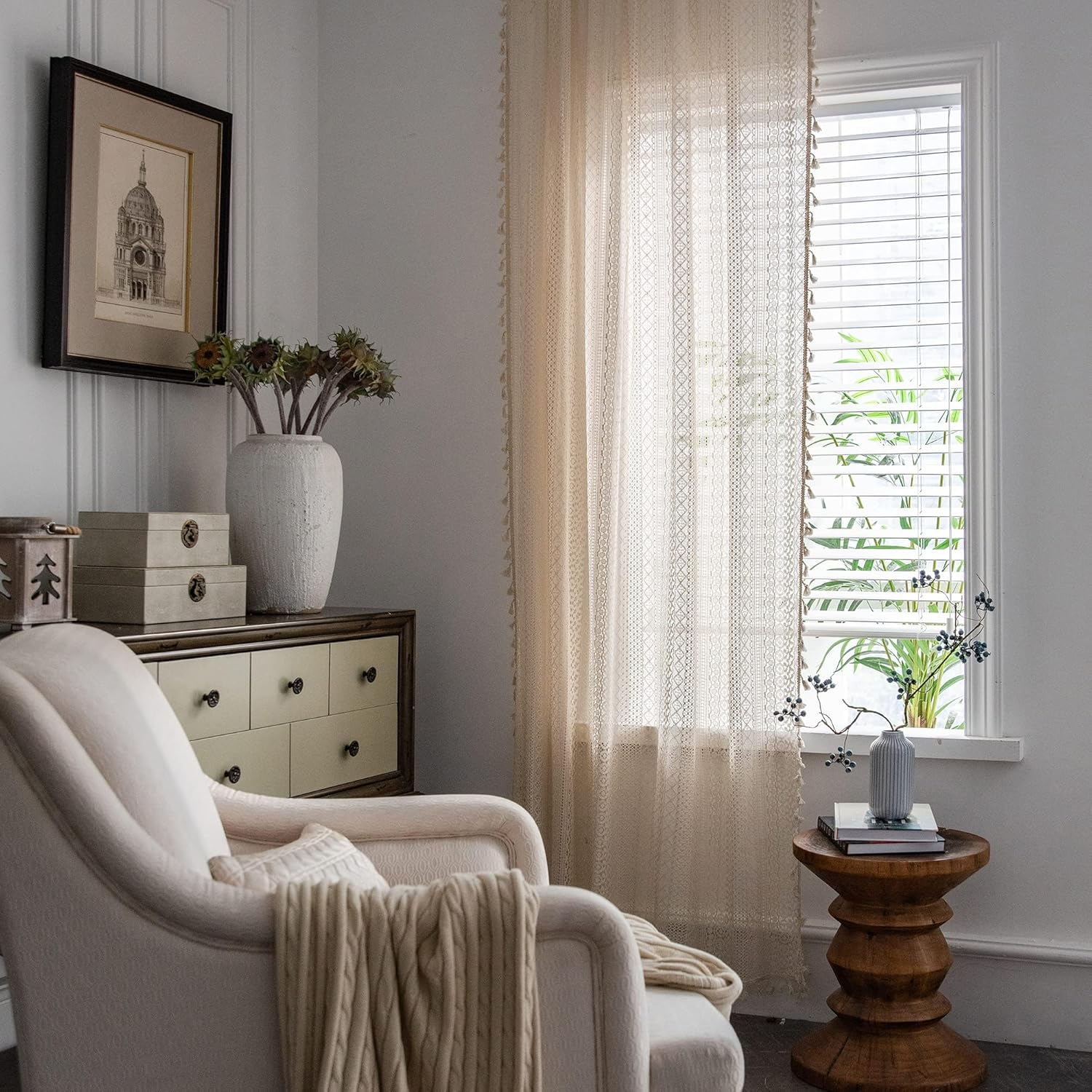 2 Panels Boho Windows Sheer Curtains Crochet Vintage Cotton Tassel Window Curtains Panels for Bedroom Living Room (Crochet Beige, 59X63) image number 7