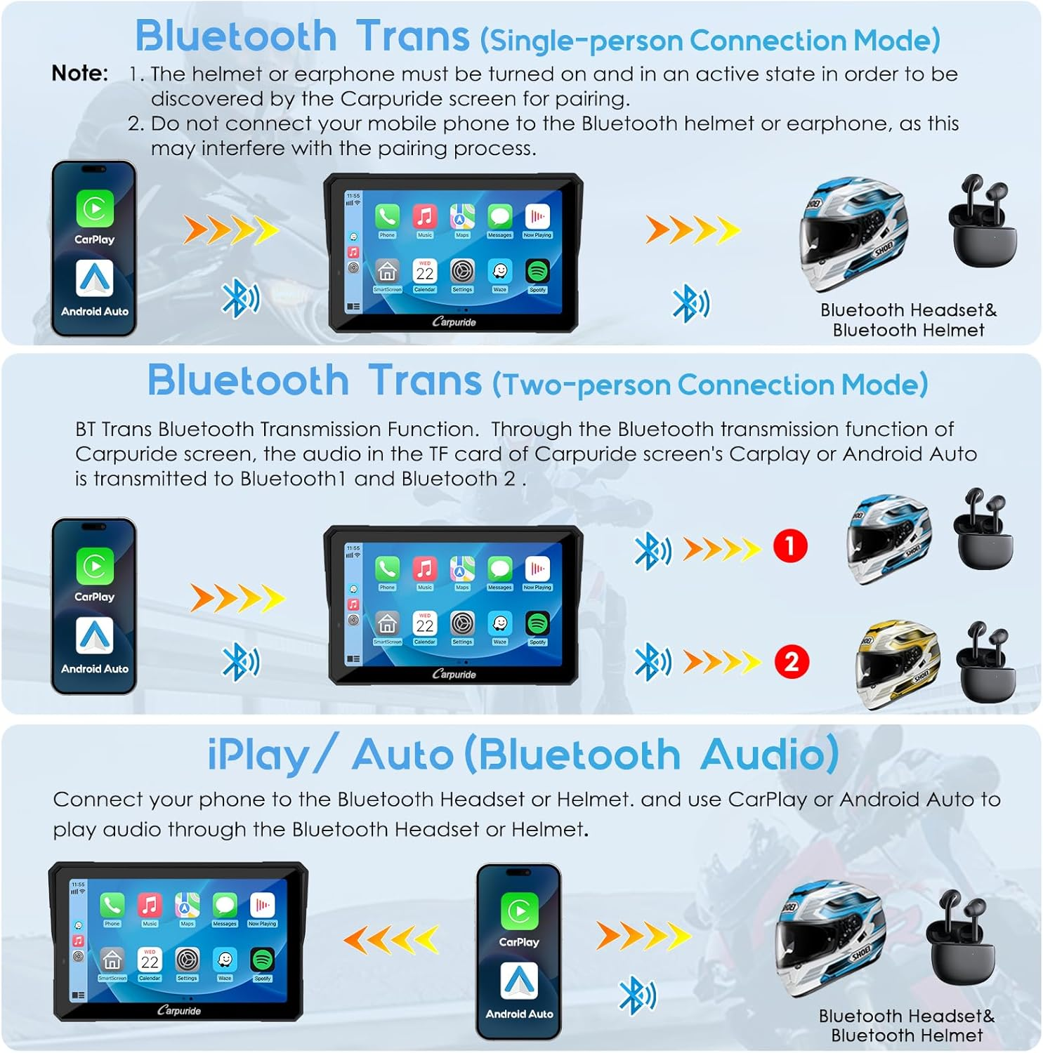Carpuride W702PRO for Motorcycle Carplay& Android Auto& Dual Bluetooth - 7" Waterproof GPS Navigation Screen for Motorbike, Music Sharing, Intercom, EQ, Light Sensor, Compass, Barometer image number 5