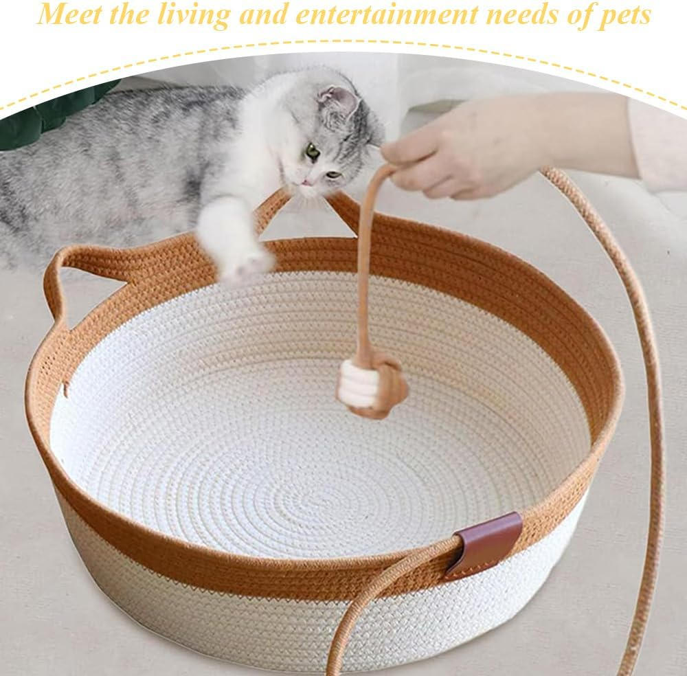 Cotton Rope Cat Basket, Foldable Woven Cat Litter, Cute Pet Bed with Play Rope Ball, Environmentally Friendly Woven Pet Sleeping Basket, Washable for Small Animals image number 4