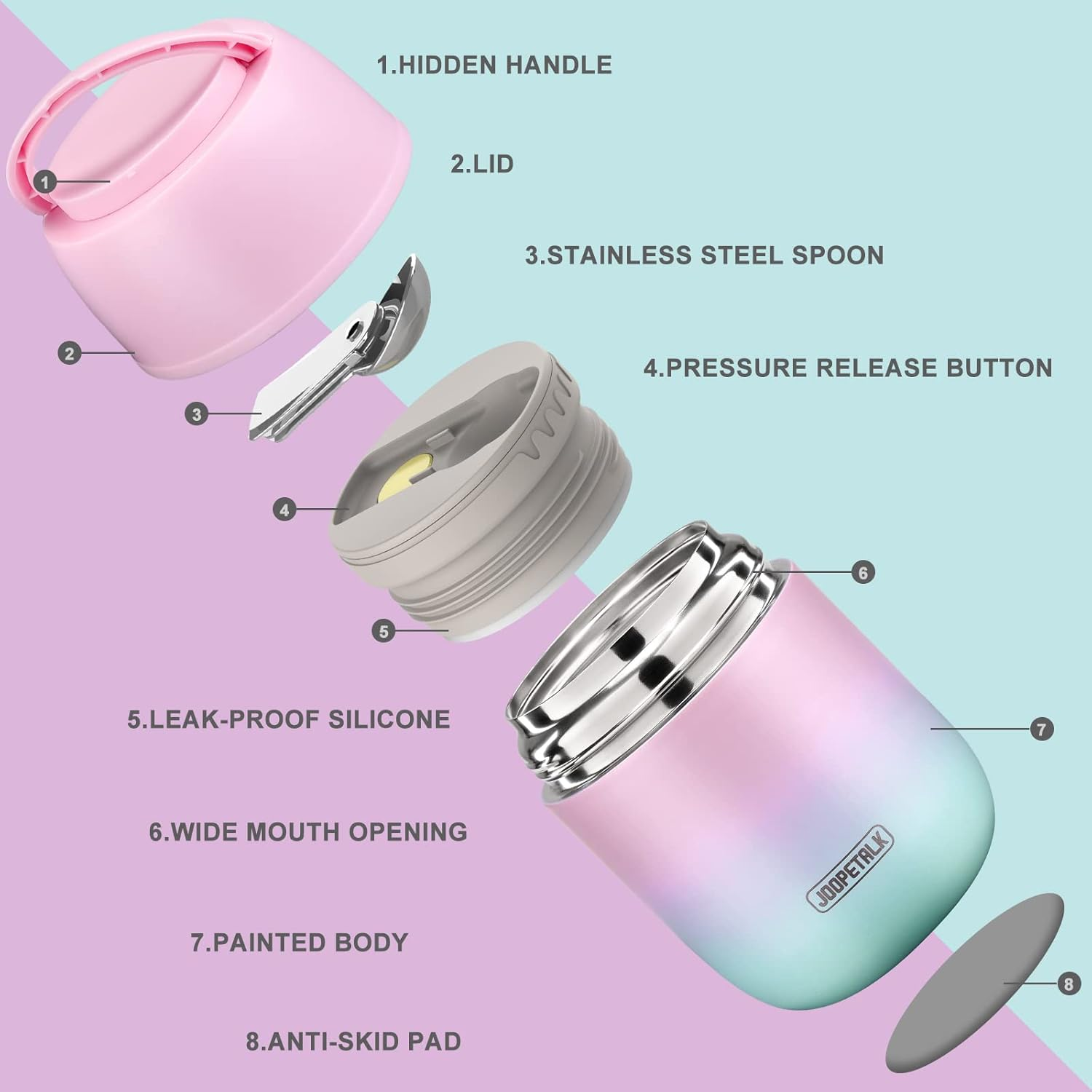 17 Oz Insulated Lunch Containers Hot Food Jar, Wide Mouth Lunch Thermos for Hot Food Kids Adults, Vacuum Stainless Steel Thermos Lunch Box with Handle Folding Spoon for School, Office (Blue-Pink) - Blue image number 3
