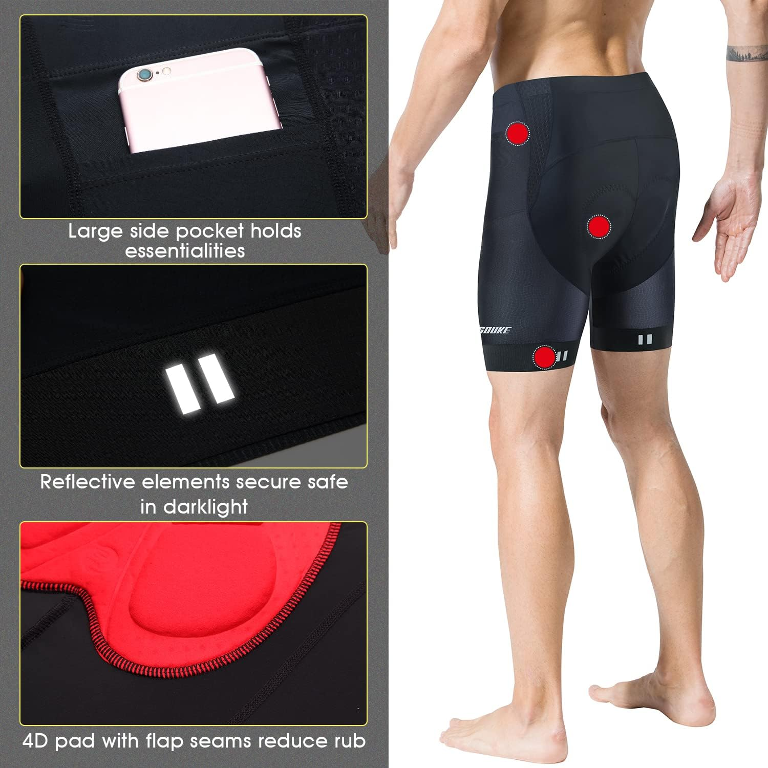 SOUKE Men'S Cycling Shorts Padded 4D Bike Biking Half Pants Bicycle Riding Quick-Dry Tights with Pocket image number 2