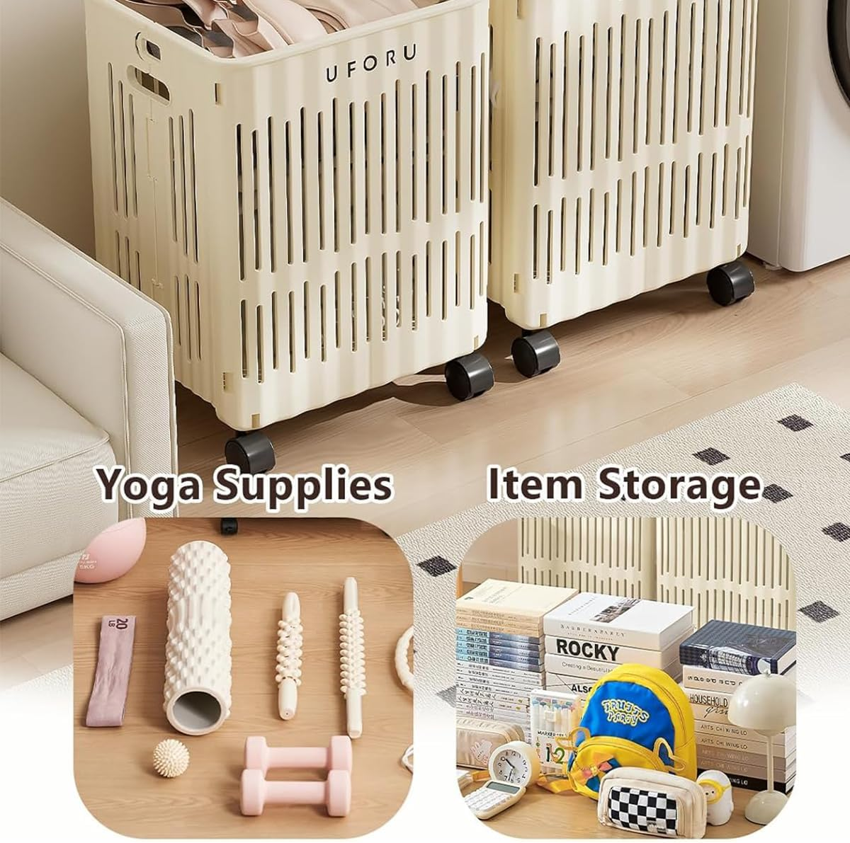 AIMALL Folding Laundry Hamper with Wheels, Breathable PP Storage Basket, Large & Small Size Options, Rolling Dirty Clothes Bin for Bedroom Bathroom, Cream White image number 2