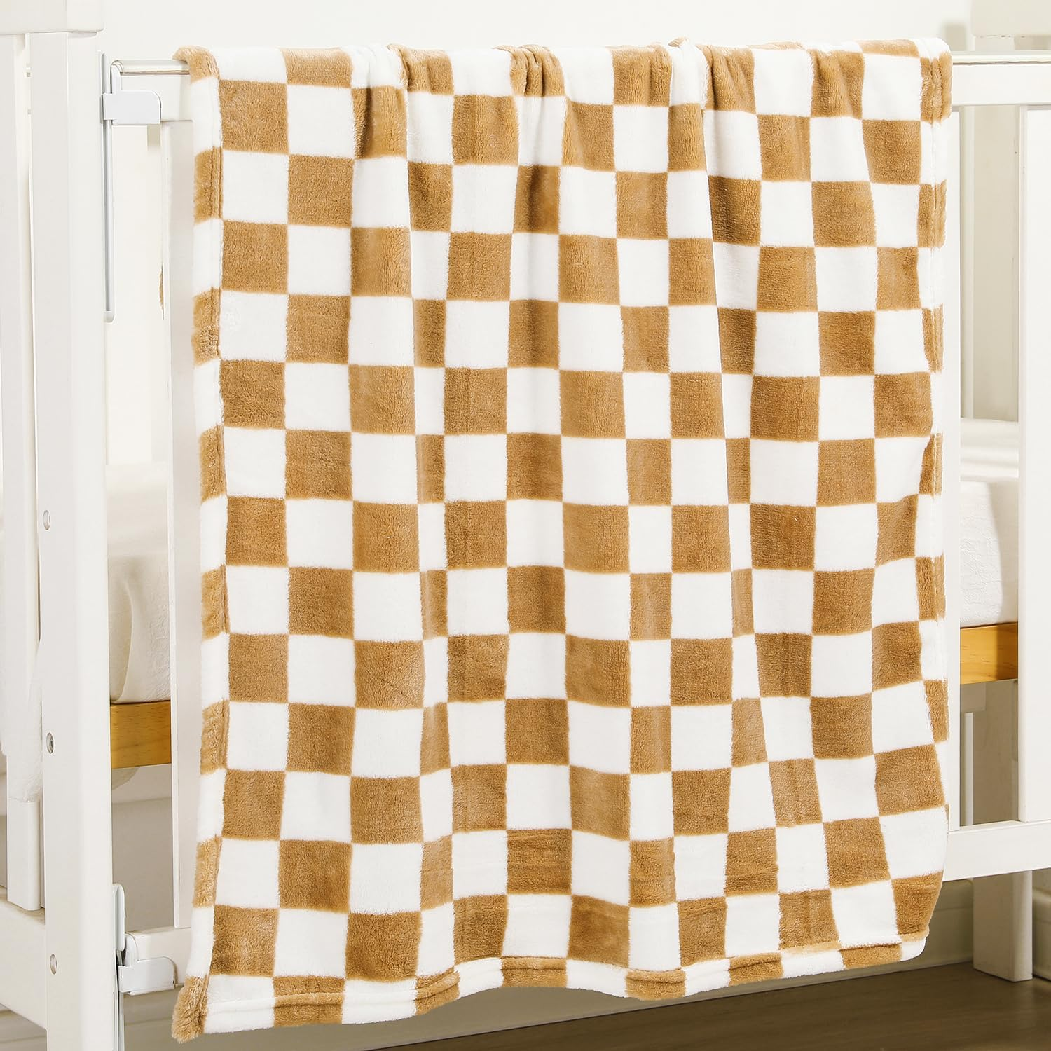 Checkered Baby Blanket Fleece Baby Blankets Neutral for Boys Girls, Super Soft Warm Lightweight Infant Toddler Newborn Receiving Blankets for Crib Stroller, Khaki 30''X40'' - Khaki image number 5
