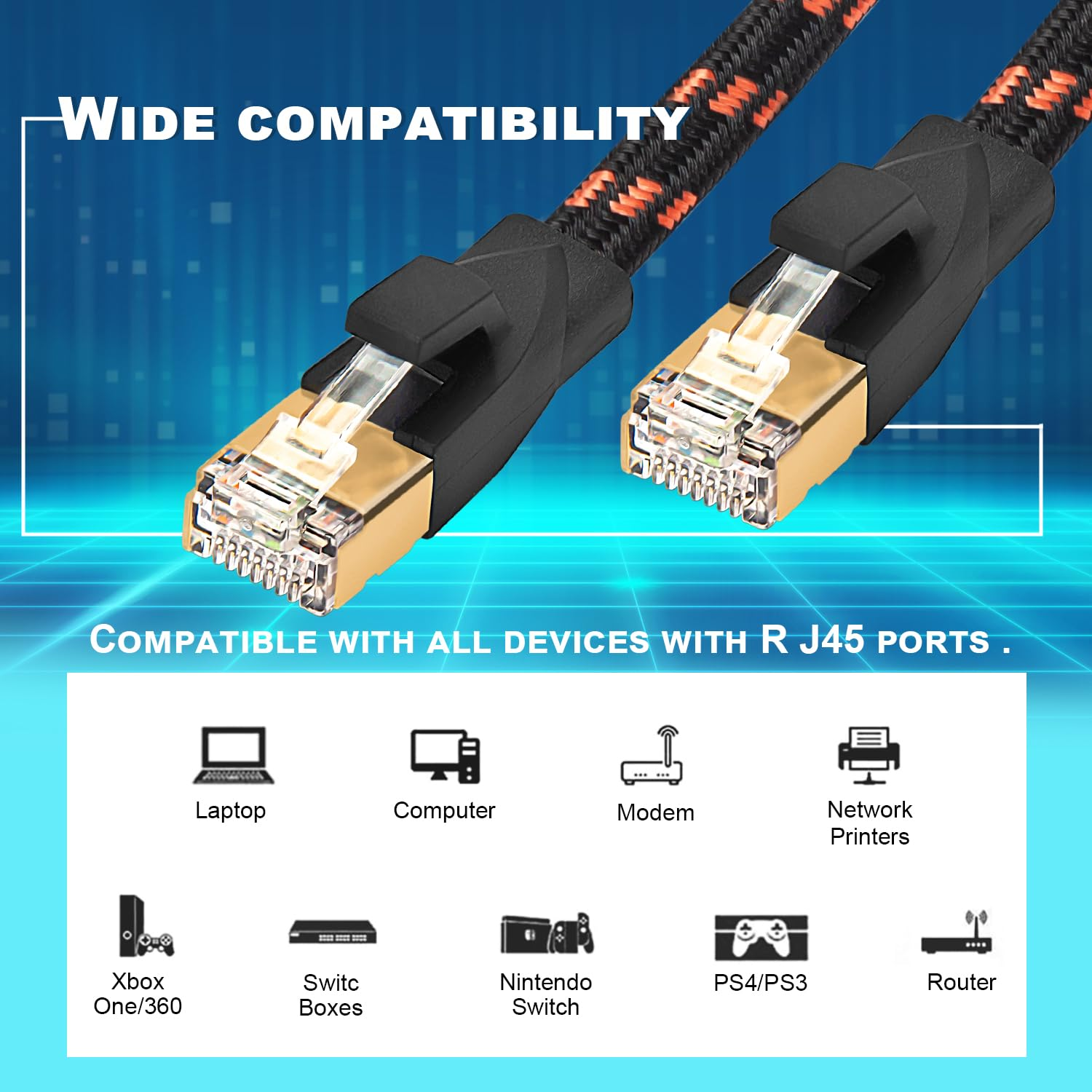 Cat 8 Ethernet Cable 20M, Nylon Braided High Speed Cat8 Network LAN Patch Cord, 40Gbps 2000Mhz Shielded RJ45 Flat Internet Cable in Wall, Indoor & Outdoor for Modem/Router/Pc/Gaming image number 5