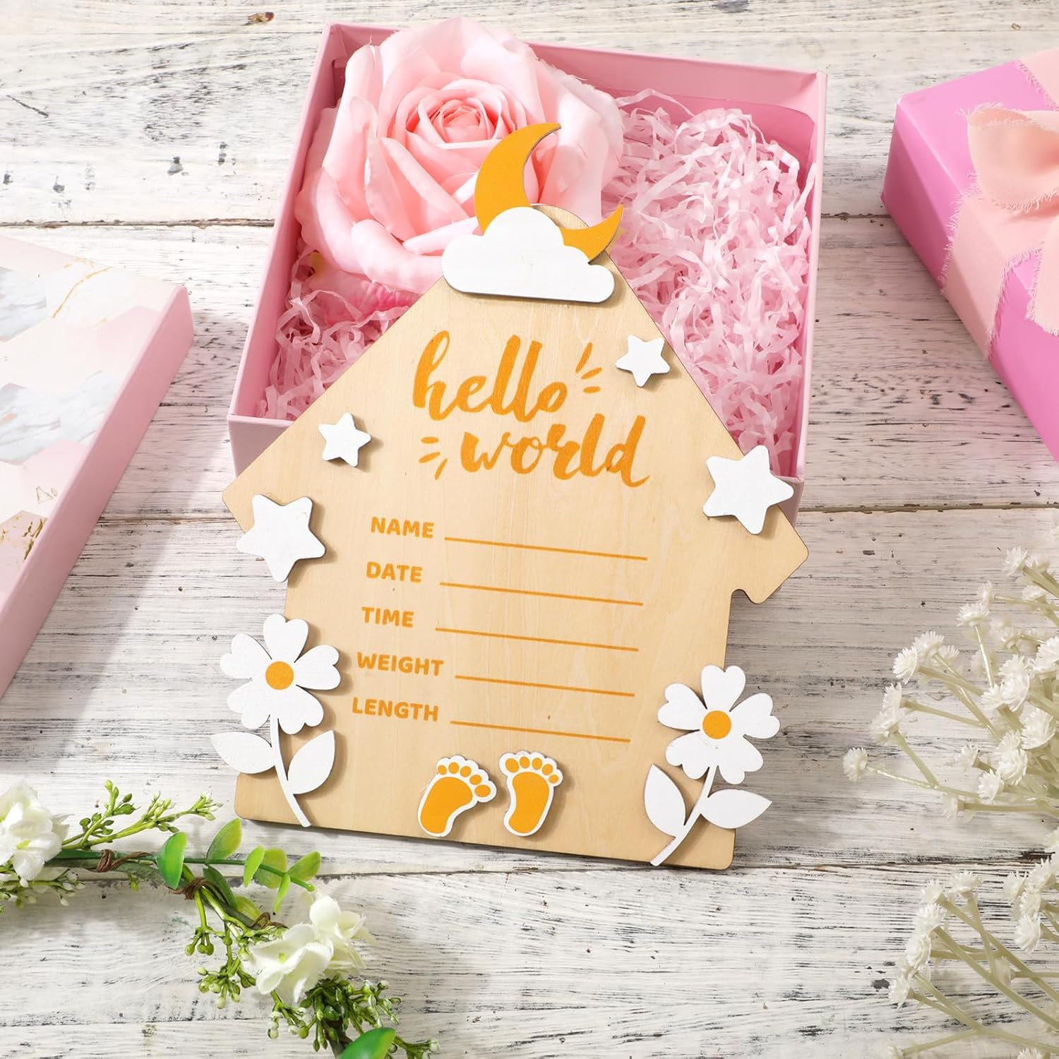 Newborn Birth Announcement Board, Large 7 Inch Hello World Newborn Sign for New Born Baby Welcome Wooden Baby Announcement Plaque Hospital Home Record Board for Baby Gift image number 2