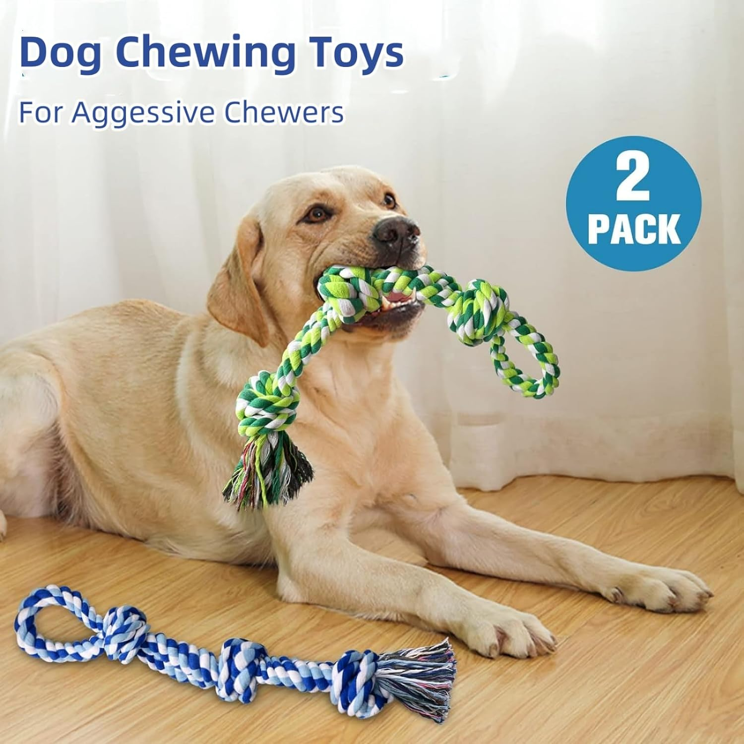 Dog Rope Toys, 2Pack Dog Grinding Teeth Nearly Indestructible Dog Toys, Rope Toy for Large Dogs, Dental Cleaning Chew Toys, Dog Tug Toy for Boredom, Dog Rope Toy for Aggressive Chewers (Blue+Green) image number 4