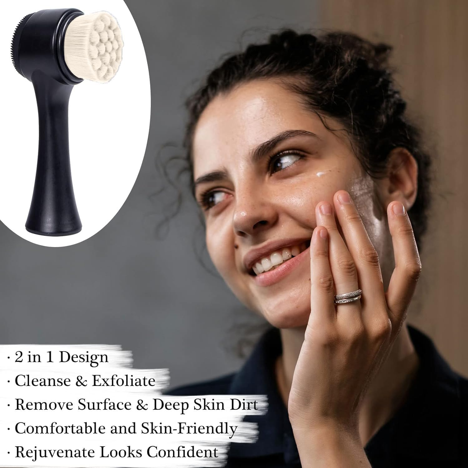 Facial Cleansing Brush 2 in 1, Face Exfoliating Pore Deep Cleansing Brush, Ultra Fine Soft Bristle Dual Face Wash Brush, Silicone Face Scrubber for Skincare (Black, One Size) image number 6