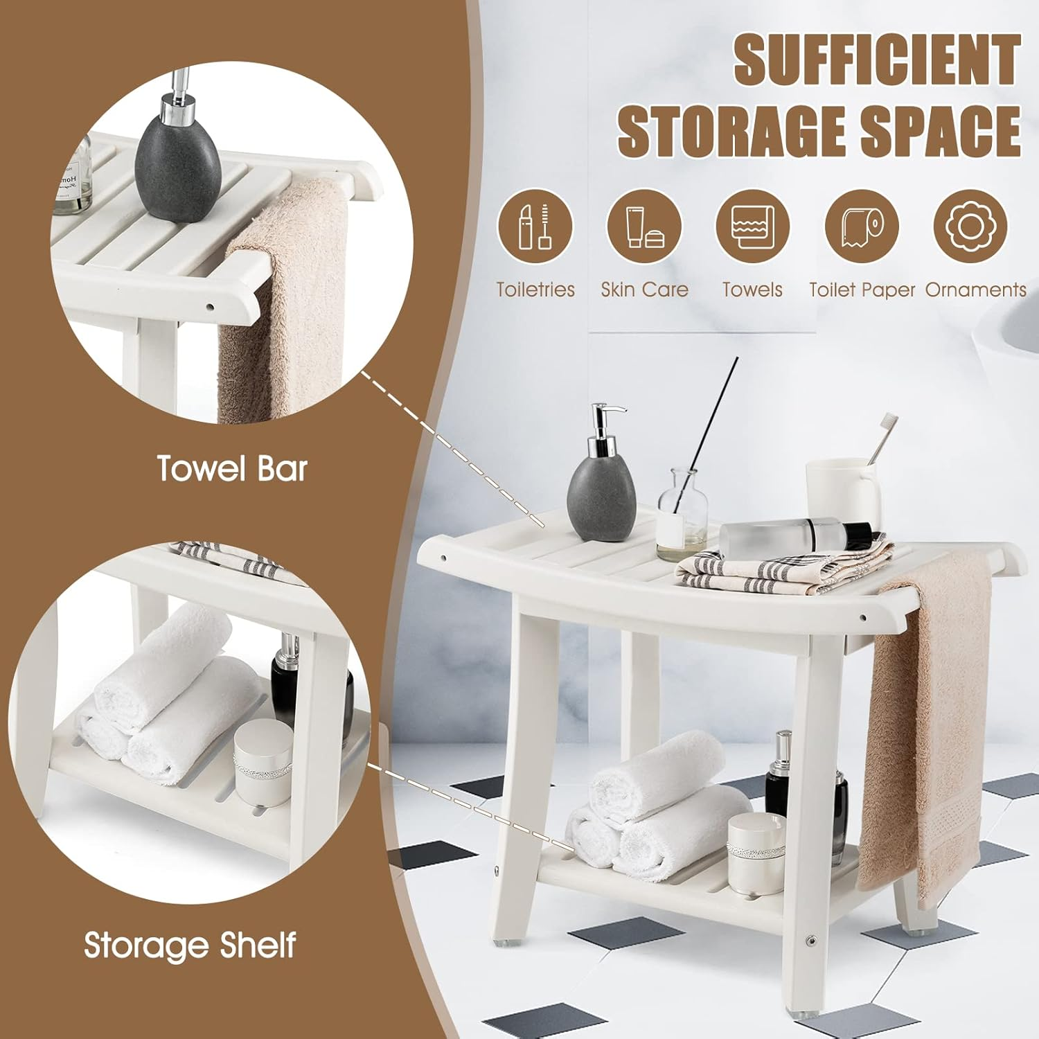 Costway 2-Tier Shower Bench, HDPE Spa Bath Shower Stool with Curved Seat, 2 Easy-To-Grip Handles, Storage Shelf & Non-Slip Foot Pads, Waterproof Shaving Stool for Bathroom, Living Room image number 1