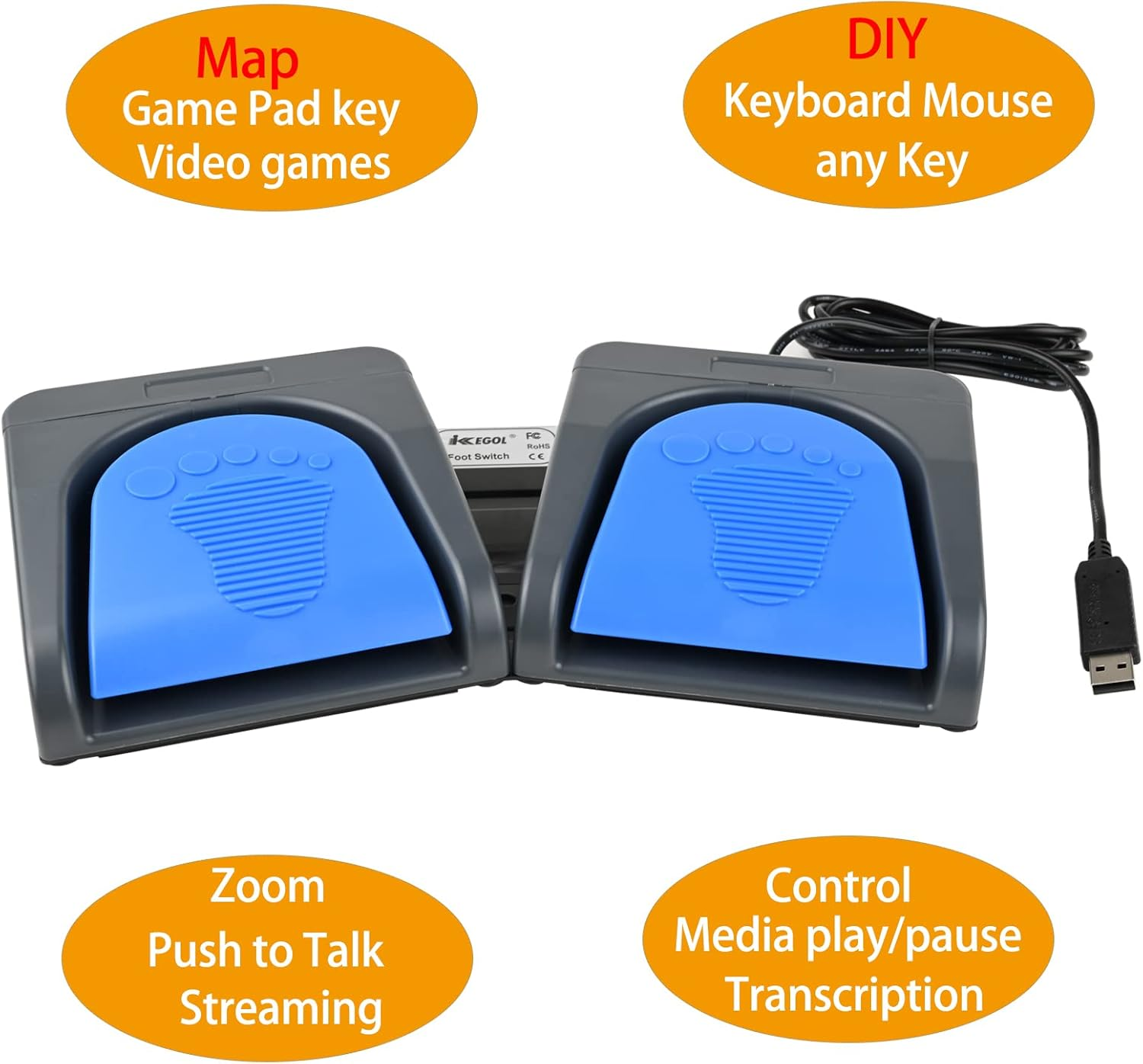 Ikkegol Upgraded USB Single Foot Pedal Switch Control One Key Footswitch Program Customized Computer Keyboard Mouse Game Action HID (Grey Blue Pedal) (Double Pedal) image number 4