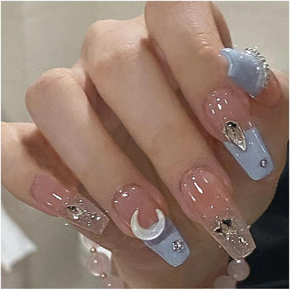 Fake Nail 24Pcs Moon Design Rhinestones False Nails Wearable Fake Nails Detachable Press on Nails Nail Acrylic Full Cover Fake Nails Women False Nails
