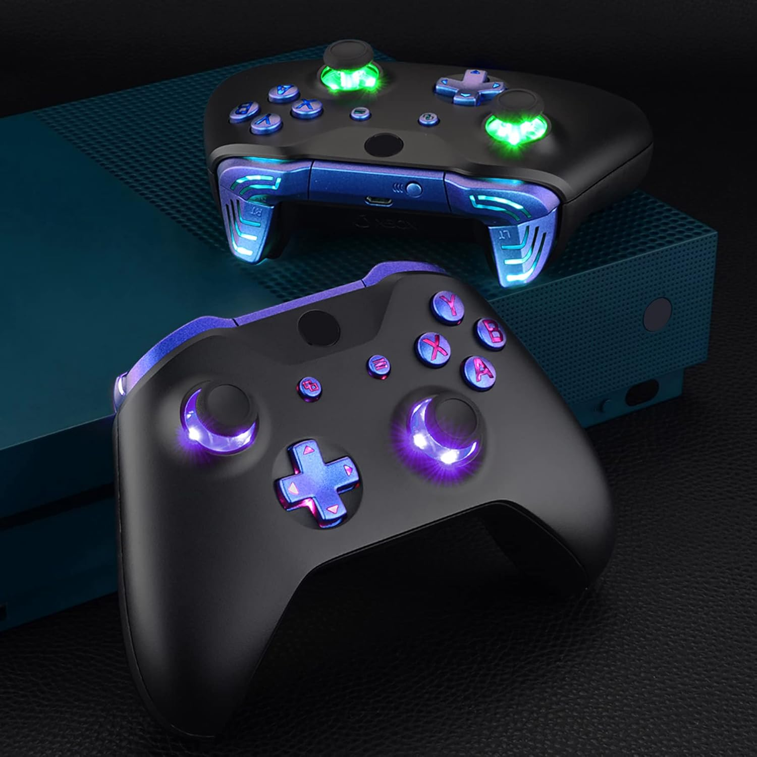 Extremerate Multi-Colors Luminated Bumpers Triggers Dpad Thumbsticks Start Back ABXY Action Buttons, Chameleon Purple Blue Classical Symbols Buttons DTFS (DTF 2.0) LED Kit for Xbox One S/X Controller - Clear image number 3