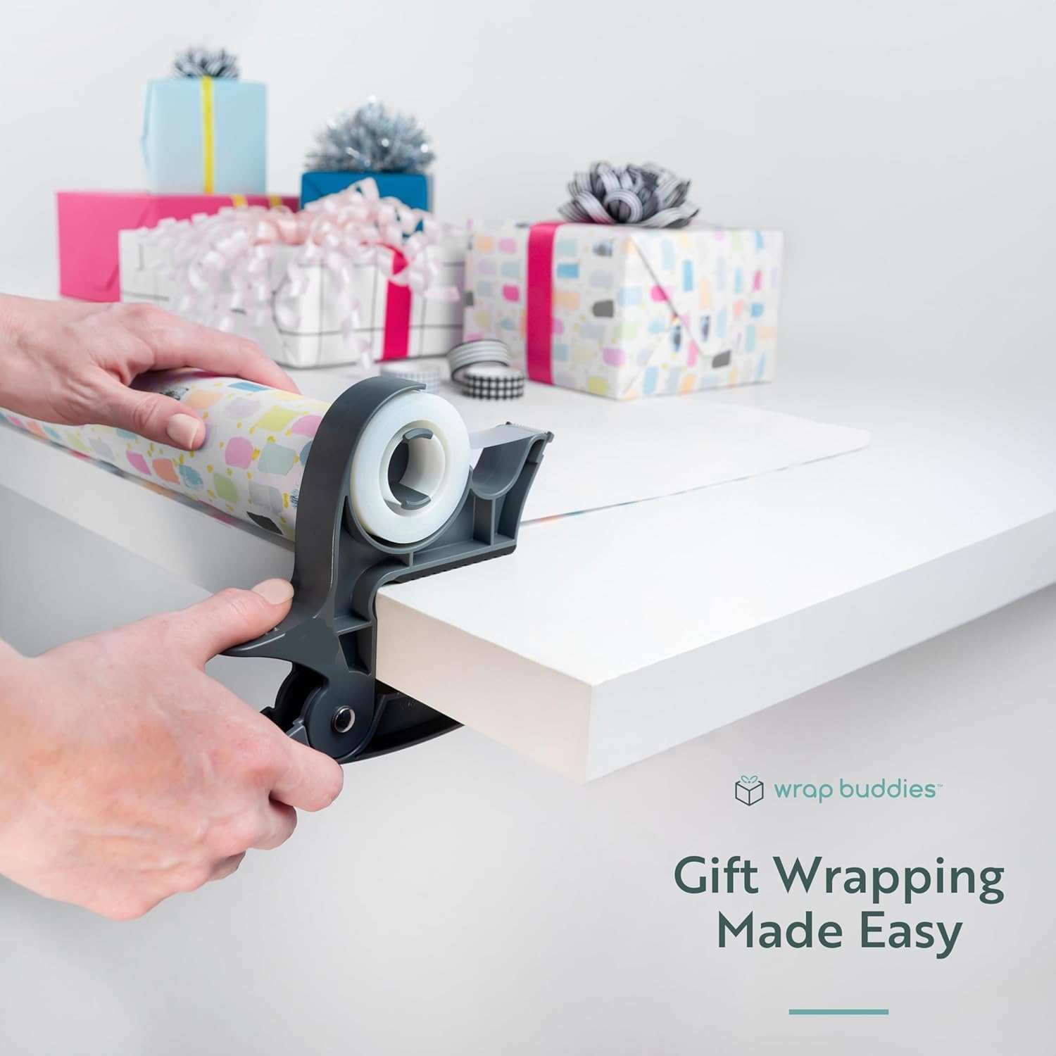 Tabletop Gift Wrapping Tool, 2 Clamps - Gift Wrap Clamp with Tape Dispenser for Easier Gift Wrapping This Holiday - Slate Grey image number 5