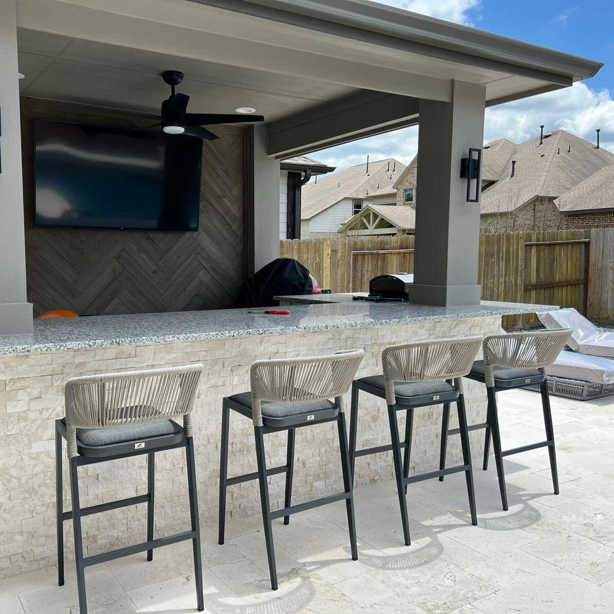 Purple Leaf Bar Stools All Weather Metal Outdoor Chair with Comfy Rattan Back and Cushion Modern Bar Height Stool for Patio Balcony Pool Dining Room Outdoor Indoor,Grey image number 5